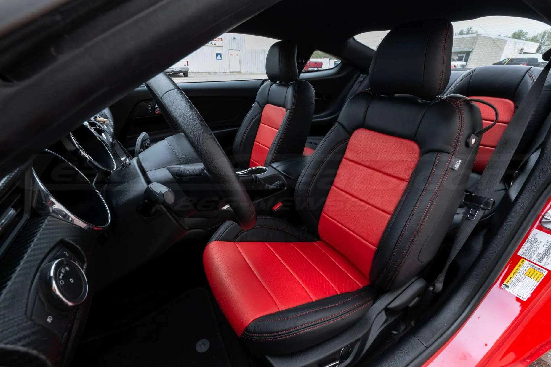 Ford Mustang installed leather kit - Black & Bright Red - Front drivers seat