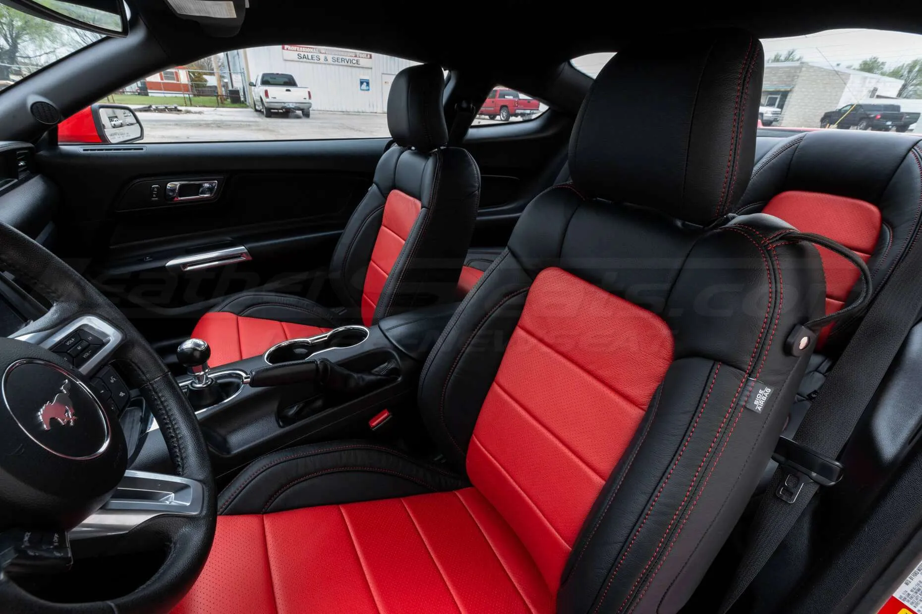 Ford Mustang installed leather kit - Black & Bright Red - Driver side Backrest & Headrest