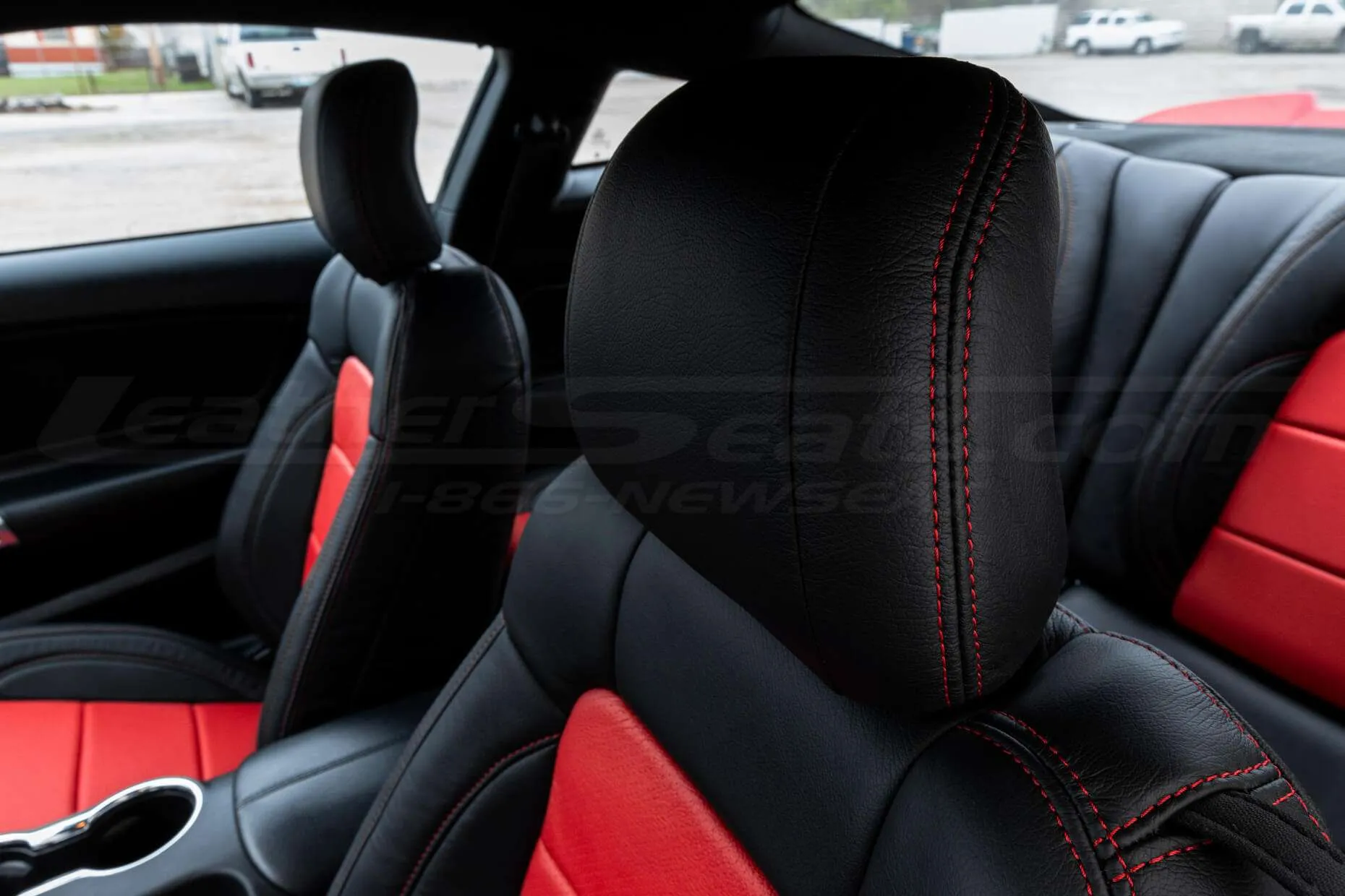 Ford Mustang installed leather kit - Black & Bright Red - Headrest & Double-stitching