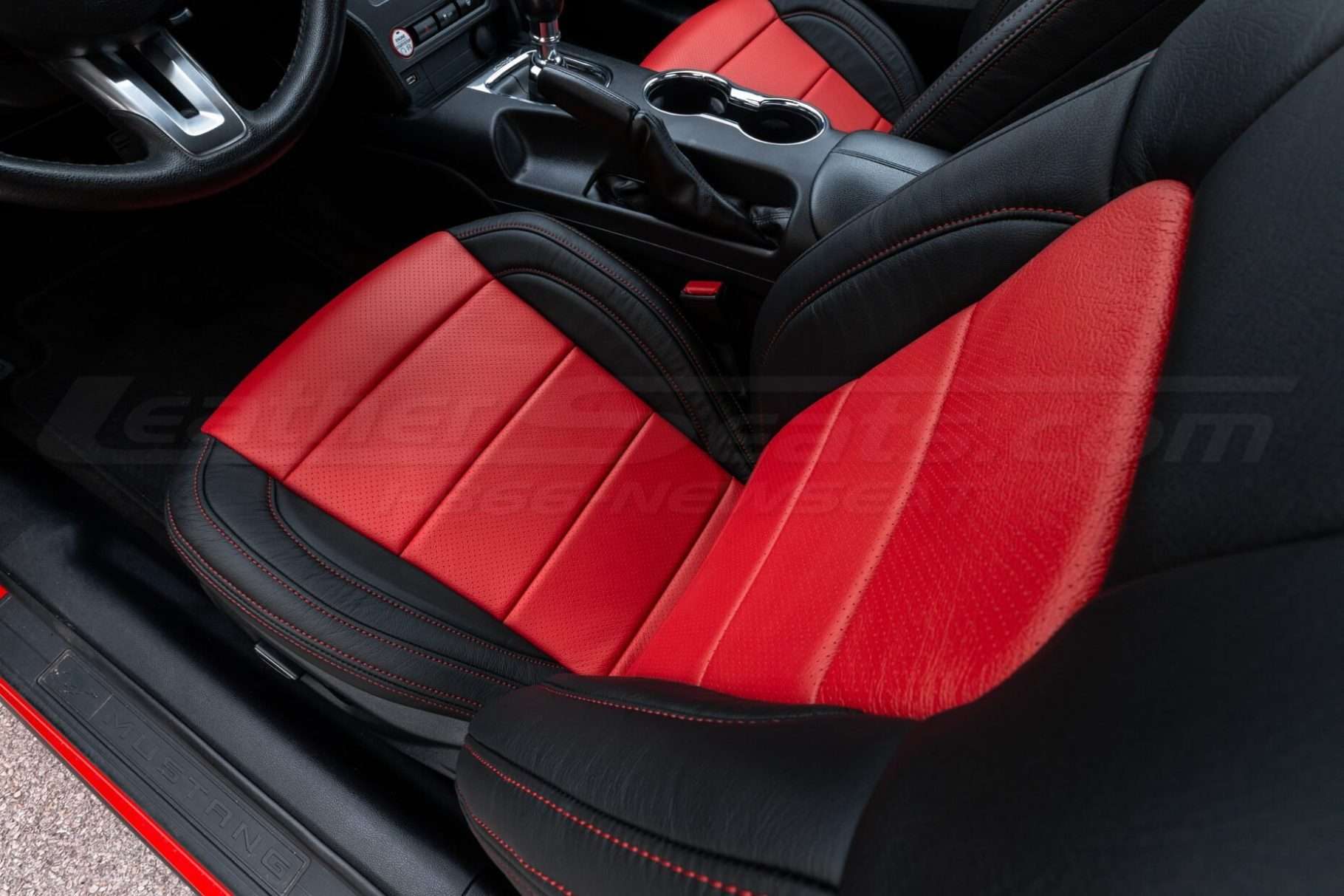 Ford Mustang installed leather kit - Black & Bright Red - Perforated backrest and seat cushion