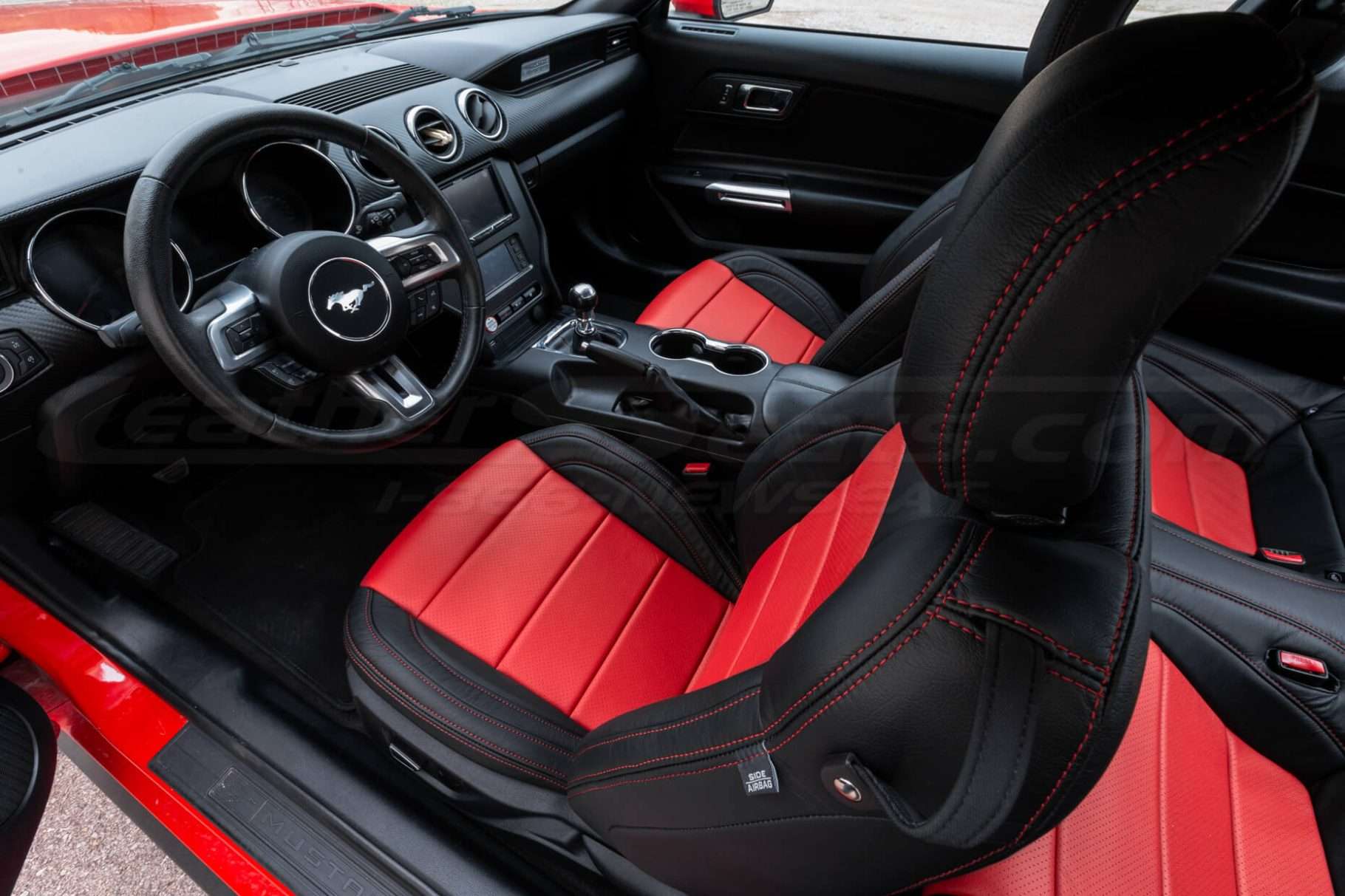 Ford Mustang installed leather kit - Black & Bright Red - Drivers side seat with double-stitching