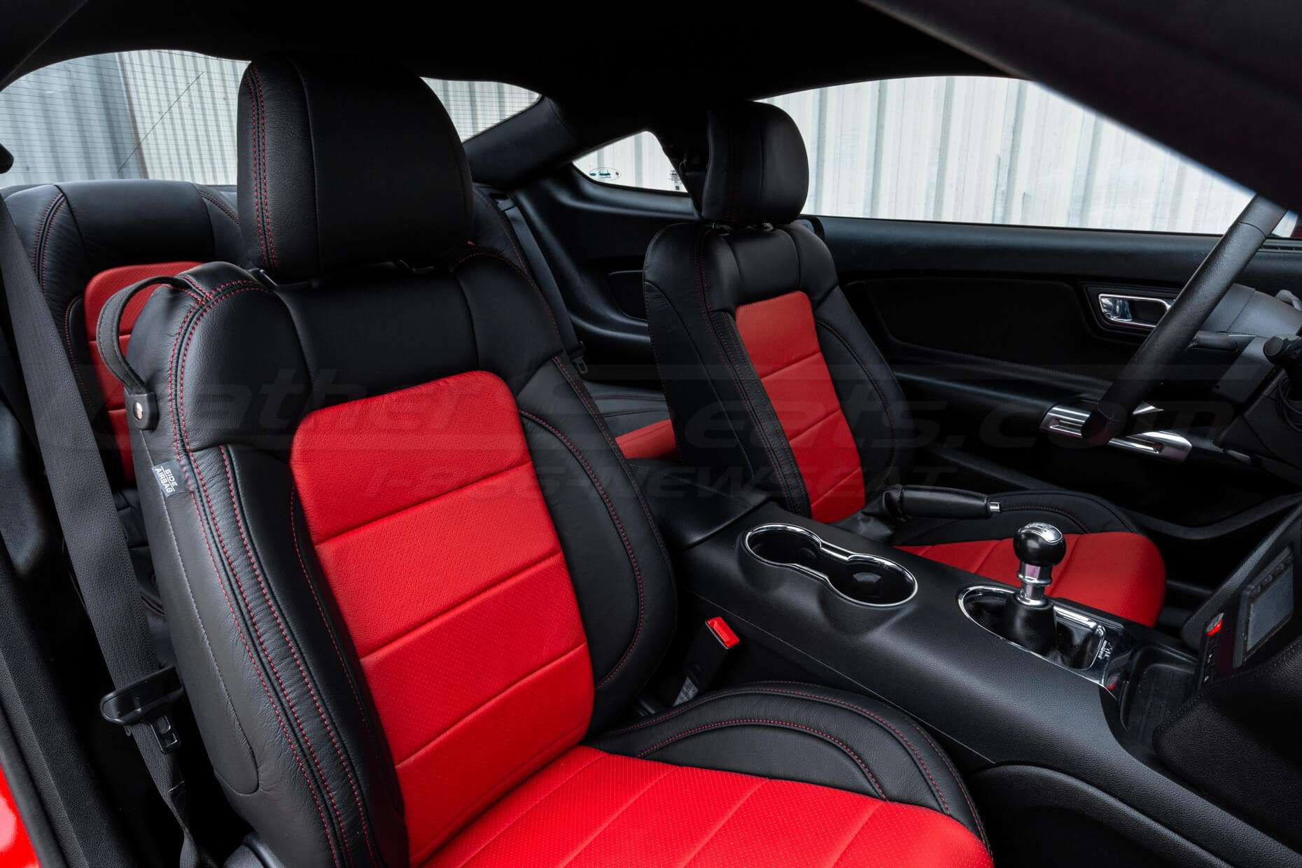 Ford Mustang installed leather kit - Black & Bright Red - Front interior from passenger side