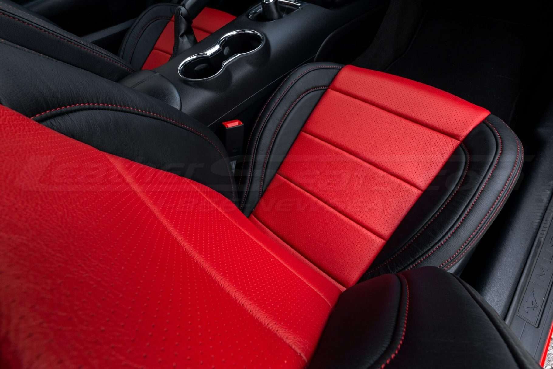 Ford Mustang installed leather kit - Black & Bright Red - Backrest and seat cushion - top-down view