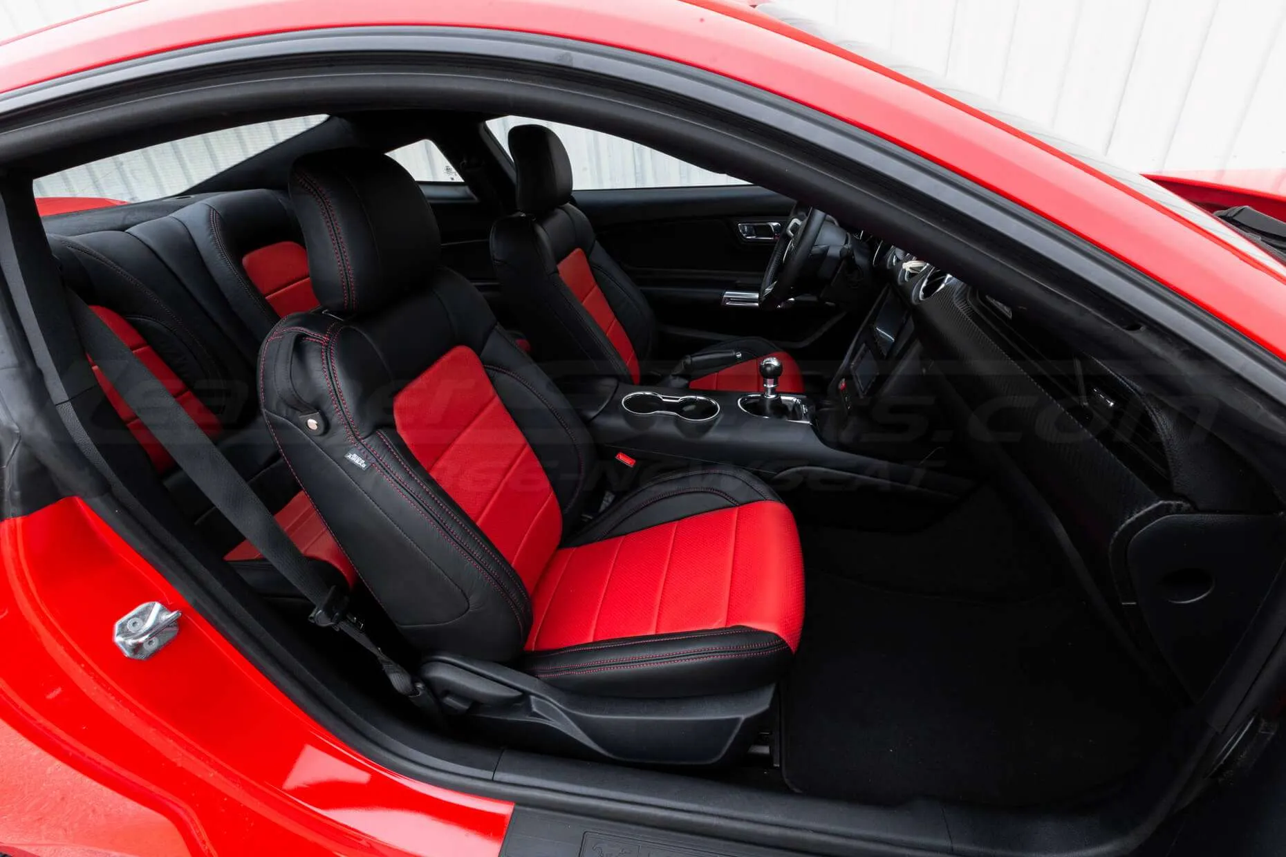 Ford Mustang installed leather kit - Black & Bright Red - Passenger side wide angle
