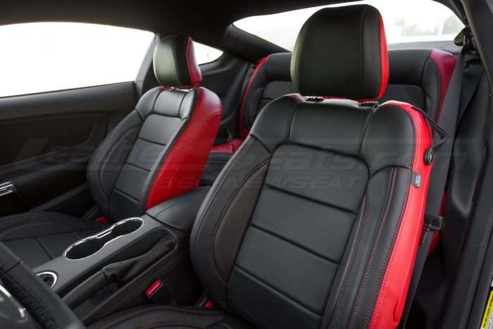 2015-2021 Ford Mustang Leather Upholstery Kit - Black & Bright Red - Installed - Front interior from drivers side