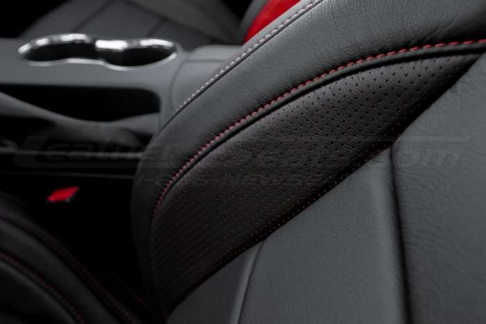 2015-2021 Ford Mustang Leather Upholstery Kit - Black & Bright Red - Installed - Perforated Wings close-up