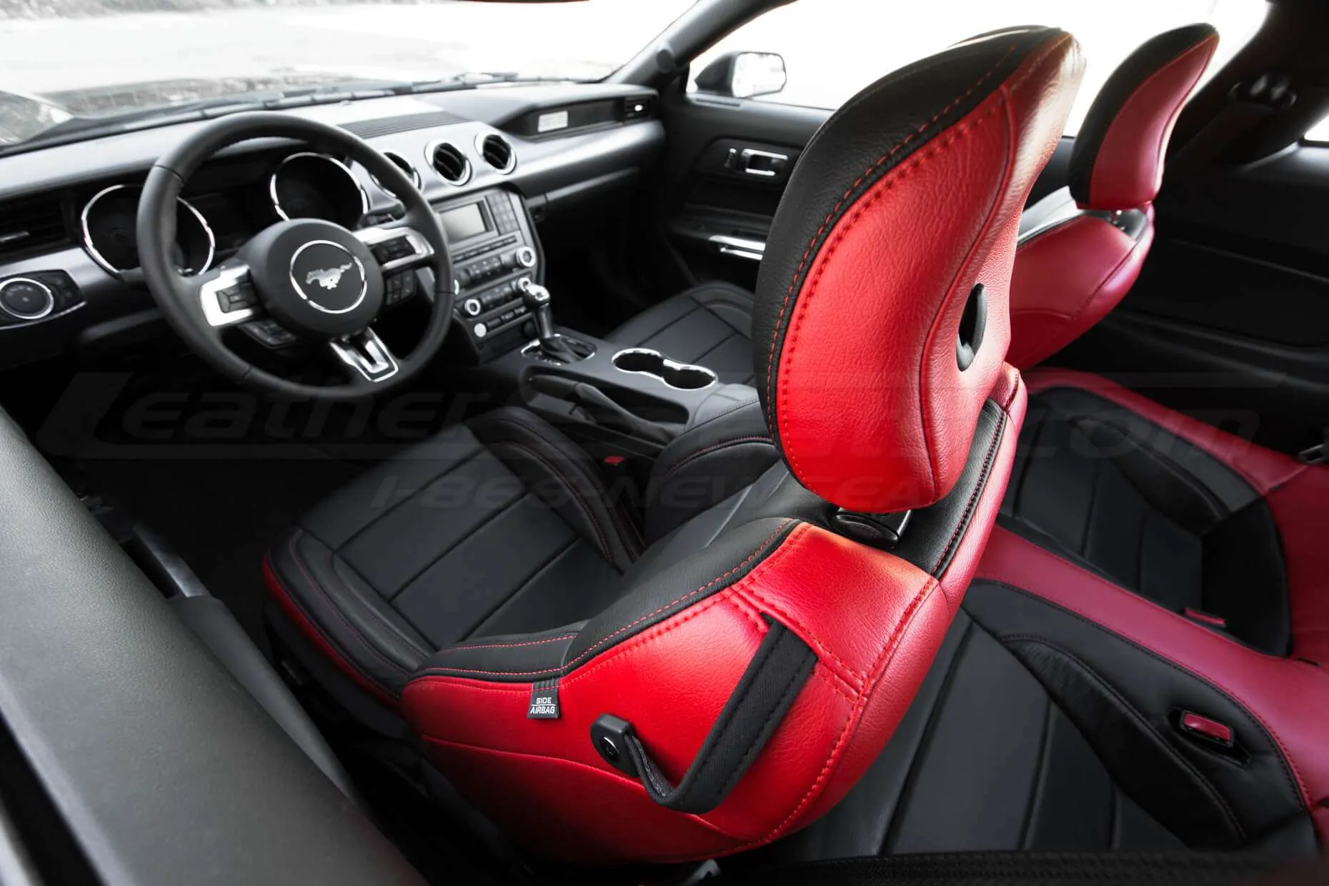 2015-2021 Ford Mustang Leather Upholstery Kit - Black & Bright Red - Installed - Headrest double-stitching