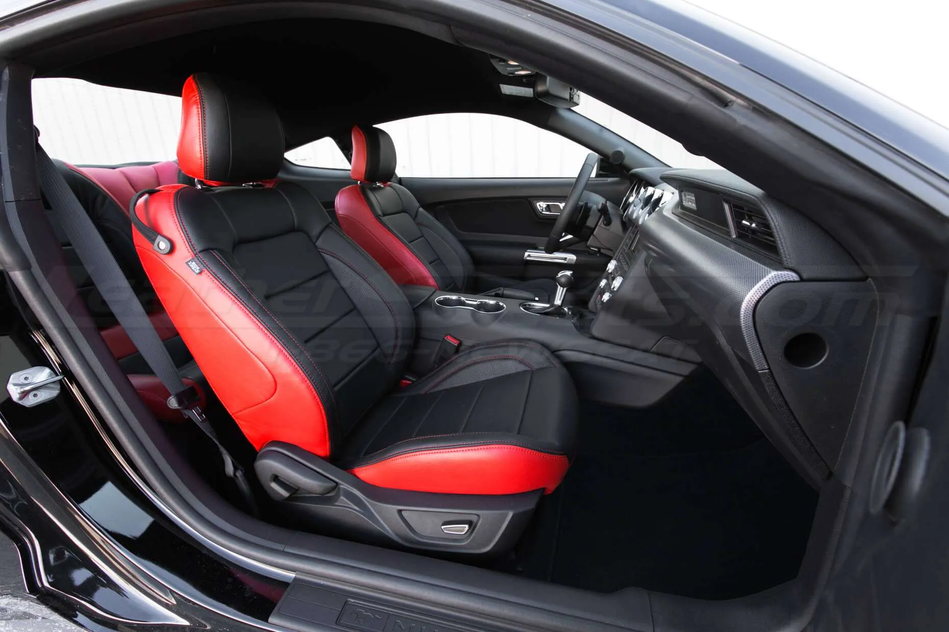 2015-2021 Ford Mustang Leather Upholstery Kit - Black & Bright Red - Installed - Front interior - passenger side