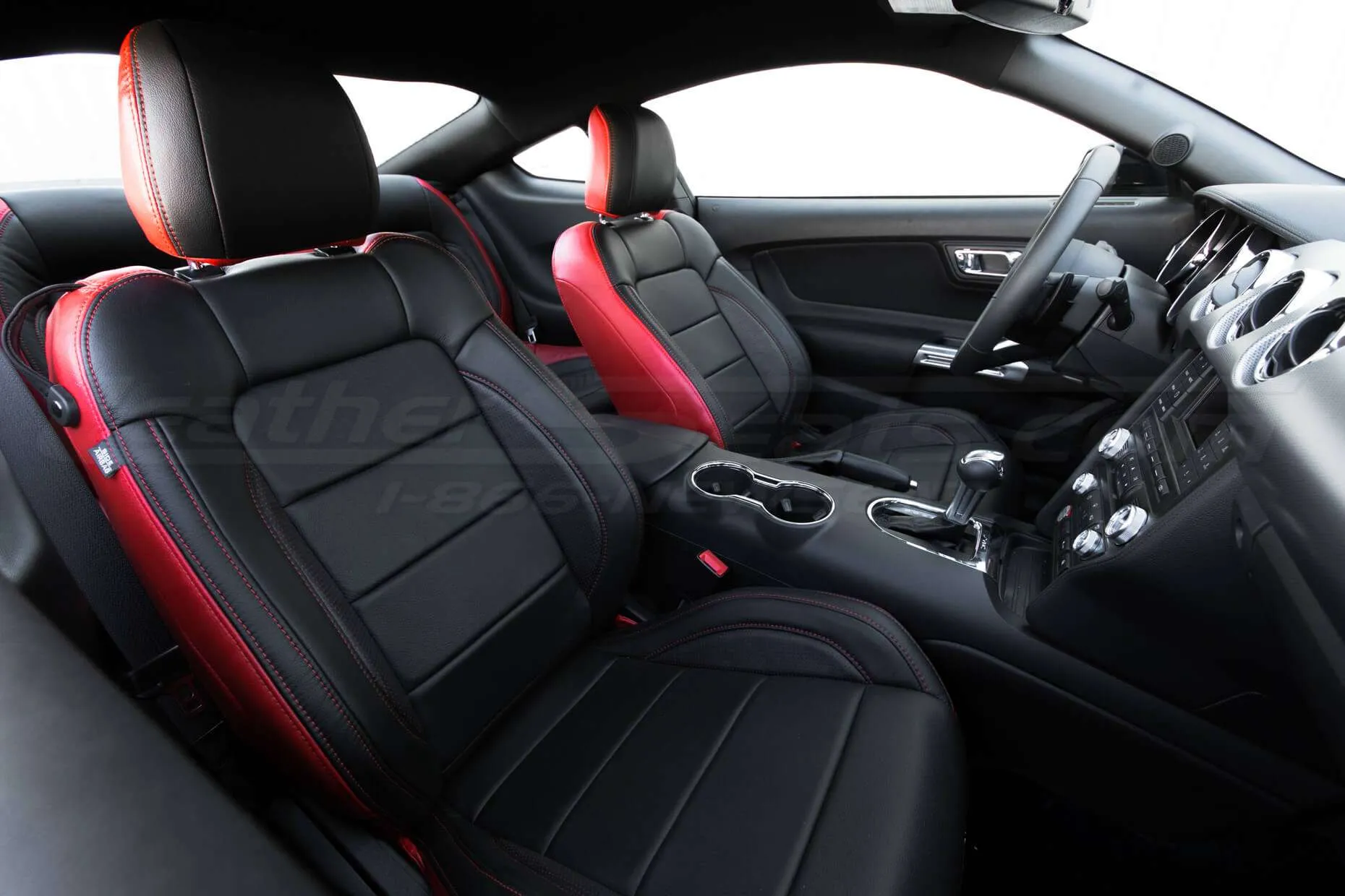 2015-2021 Ford Mustang Leather Upholstery Kit - Black & Bright Red - Installed - Front seat interior