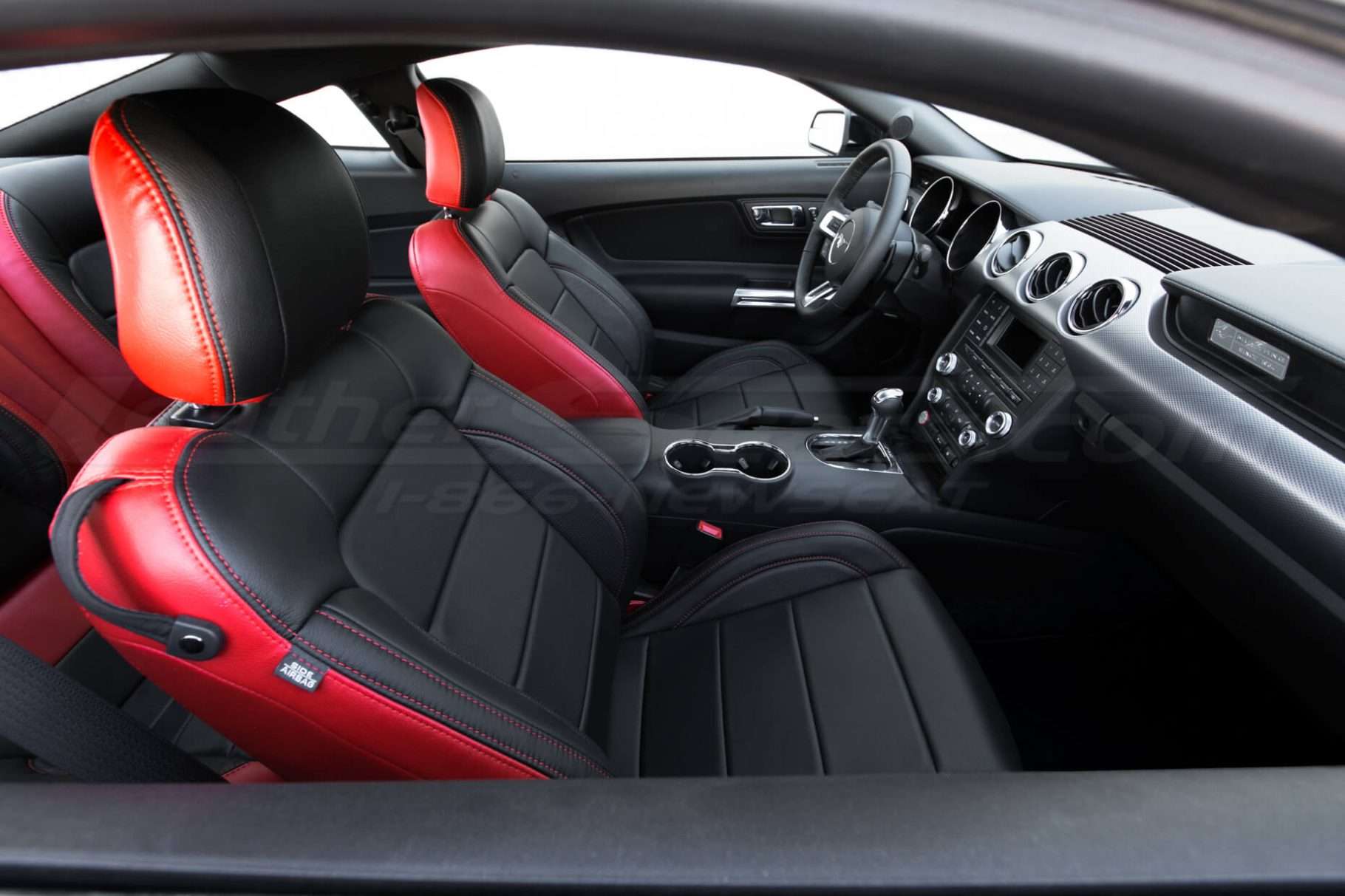 2015-2021 Ford Mustang Leather Upholstery Kit - Black & Bright Red - Installed - Front seats with top-down view