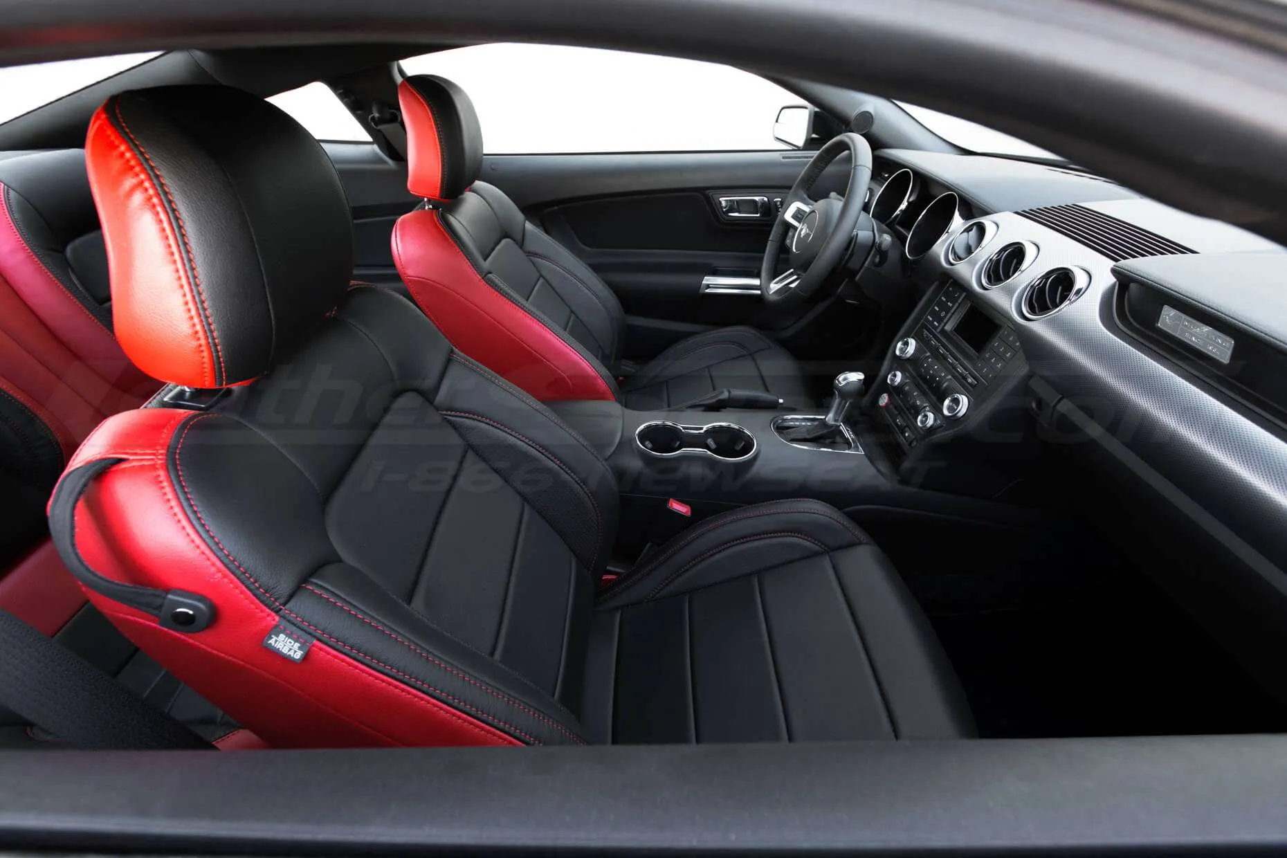 2015-2021 Ford Mustang Leather Upholstery Kit - Black & Bright Red - Installed - Front seats with top-down view