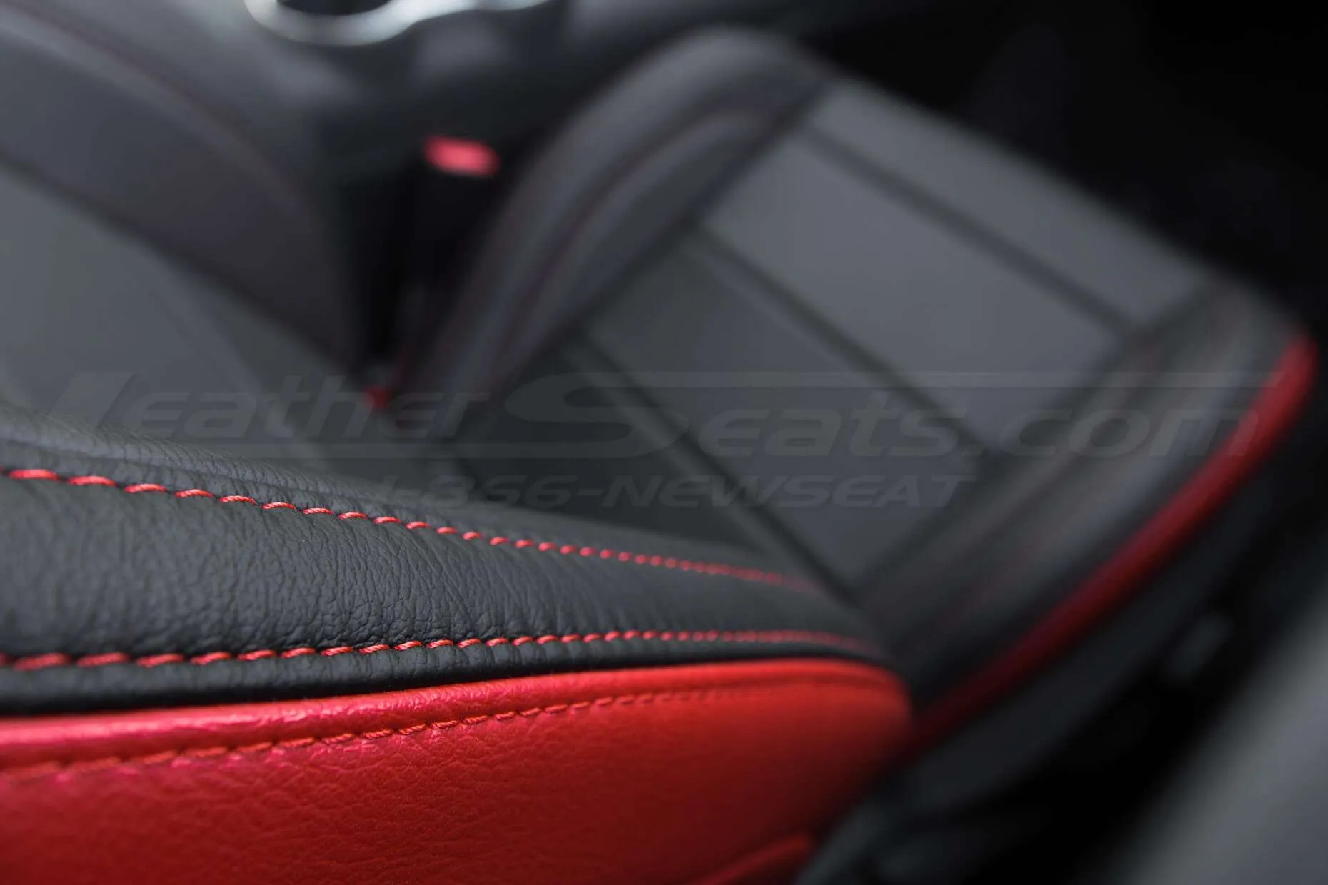 2015-2021 Ford Mustang Leather Upholstery Kit - Black & Bright Red - Installed - Side double-stitching close up