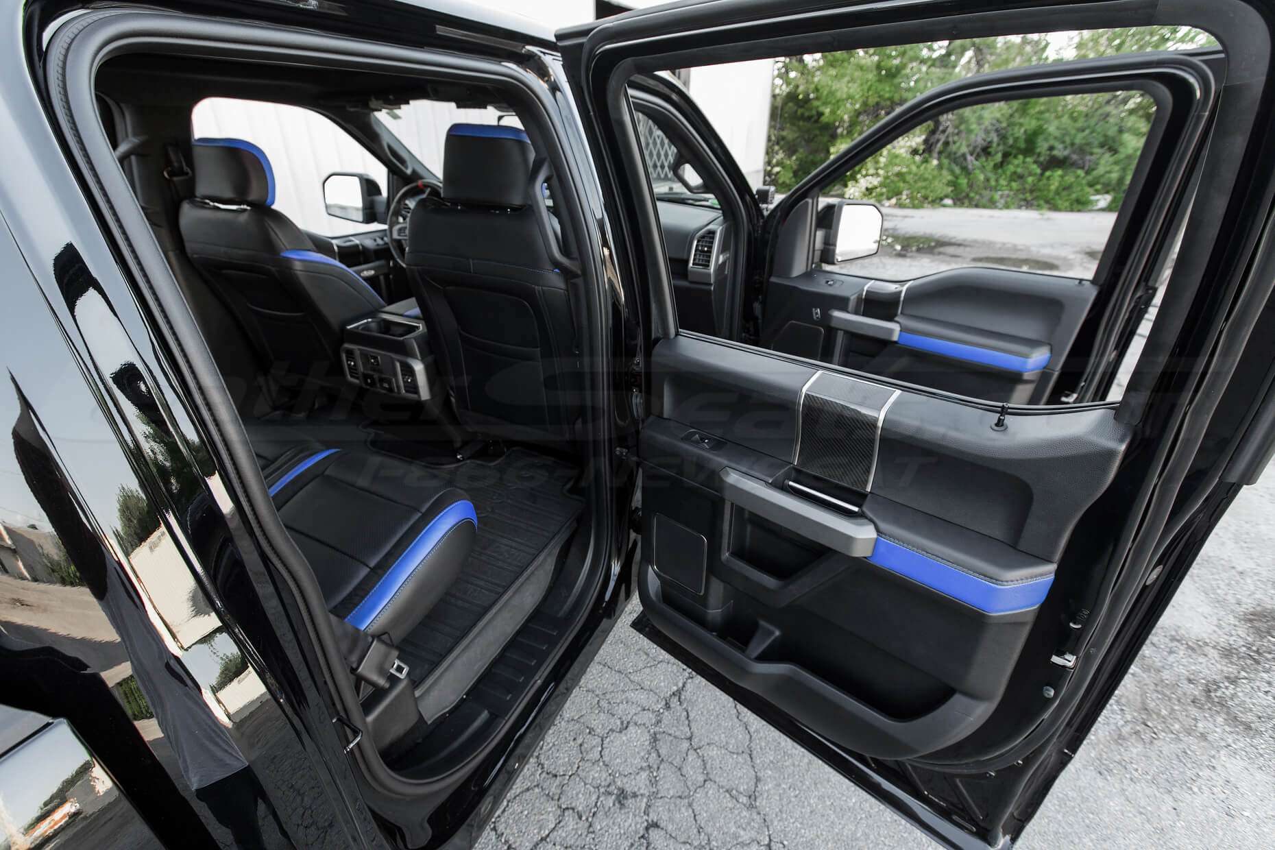 Ford Raptor Upholstery Kit - Black & Cobalt - Installed door armrests