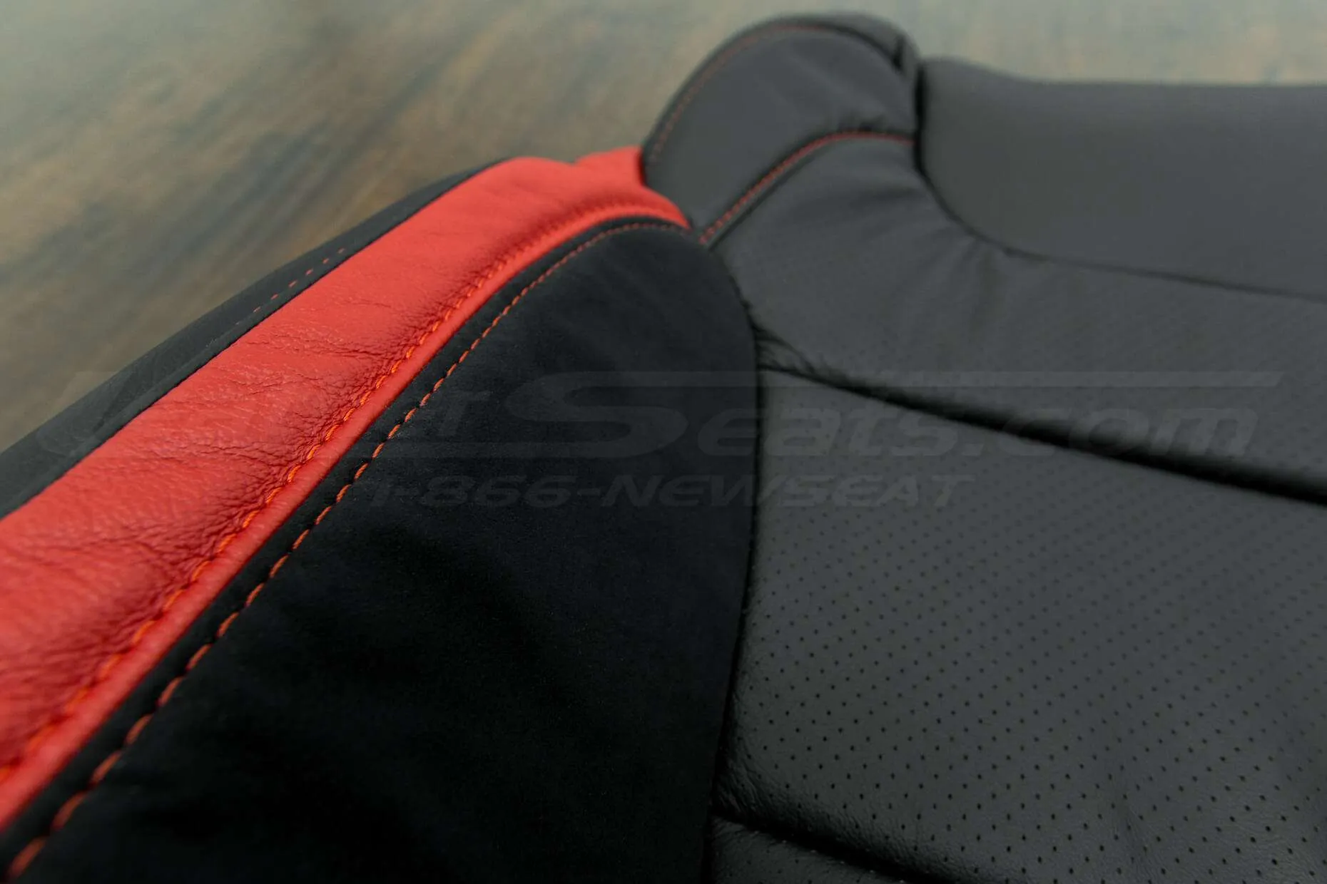 Ford Raptor Leather Upholstery Kit- Black & Bright Red - Suede wings and double stitching