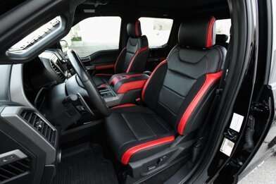 Ford Raptor installed upholstery kit - Black & Bright Red - Featured image