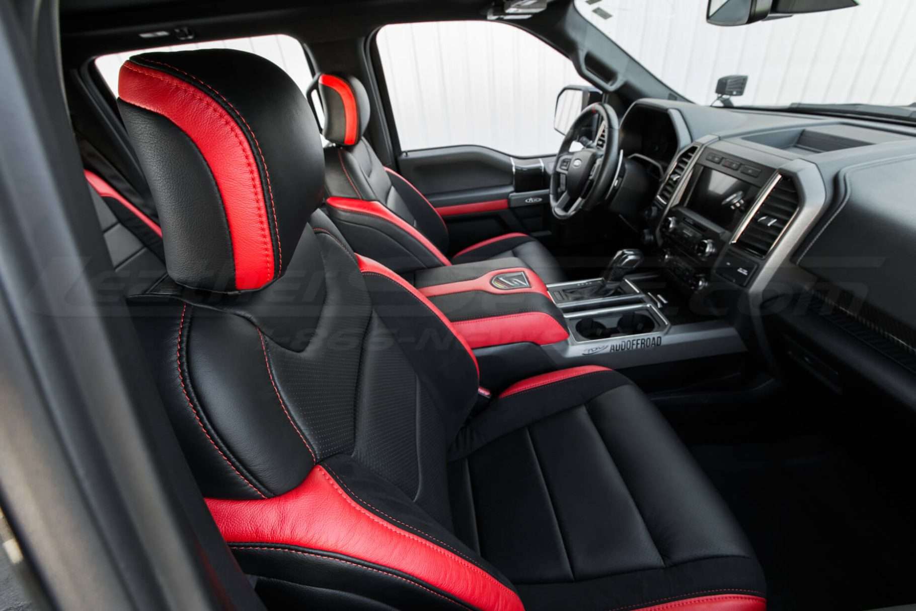 Ford Raptor installed upholstery kit - Black & Bright Red - Passenger seat headrest and side double-stitching
