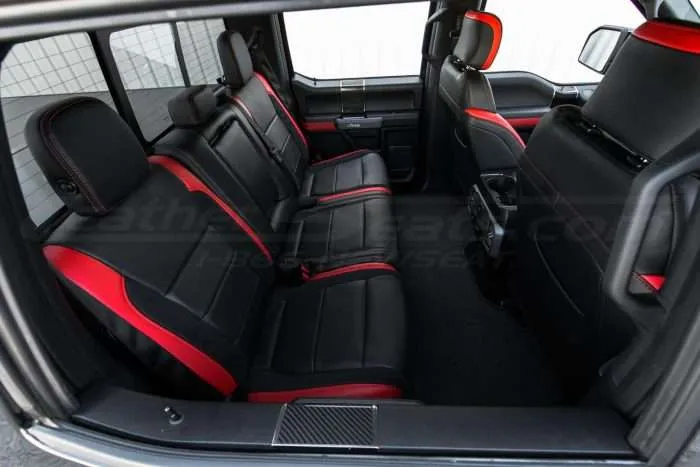 Ford Raptor installed upholstery kit - Black & Bright Red - Read seats overhead view