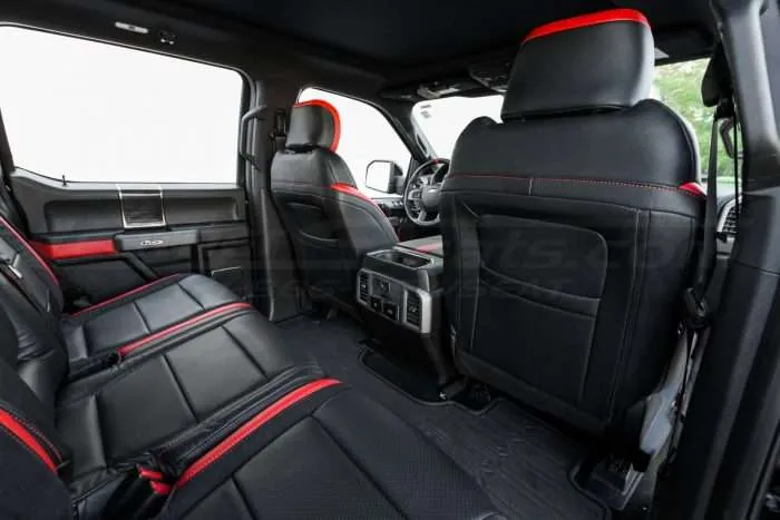 Ford Raptor installed upholstery kit - Black & Bright Red - Back of front seats
