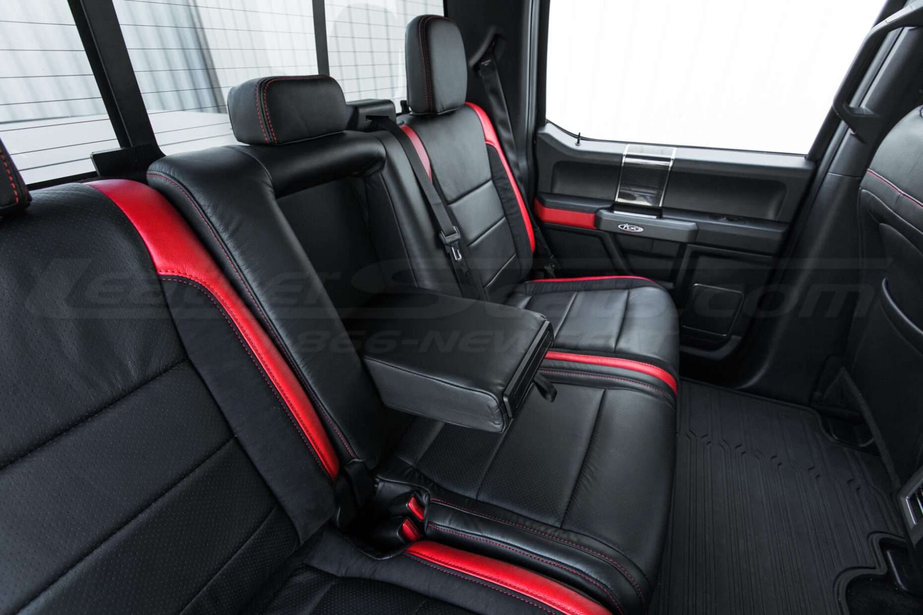 Ford Raptor installed upholstery kit - Black & Bright Red - Rear seats with armrest down