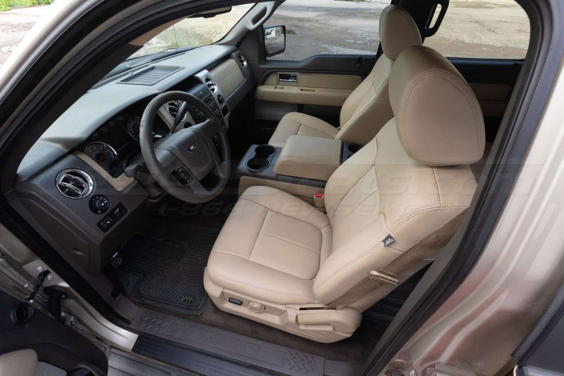 Ford F-150 Leather Upholstery Kit - Sandstone - Installed - Front driver seat - top down view