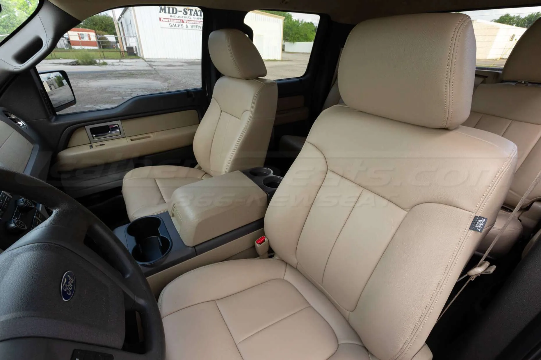 Ford F-150 Leather Upholstery Kit - Sandstone - Installed - Front interior with console