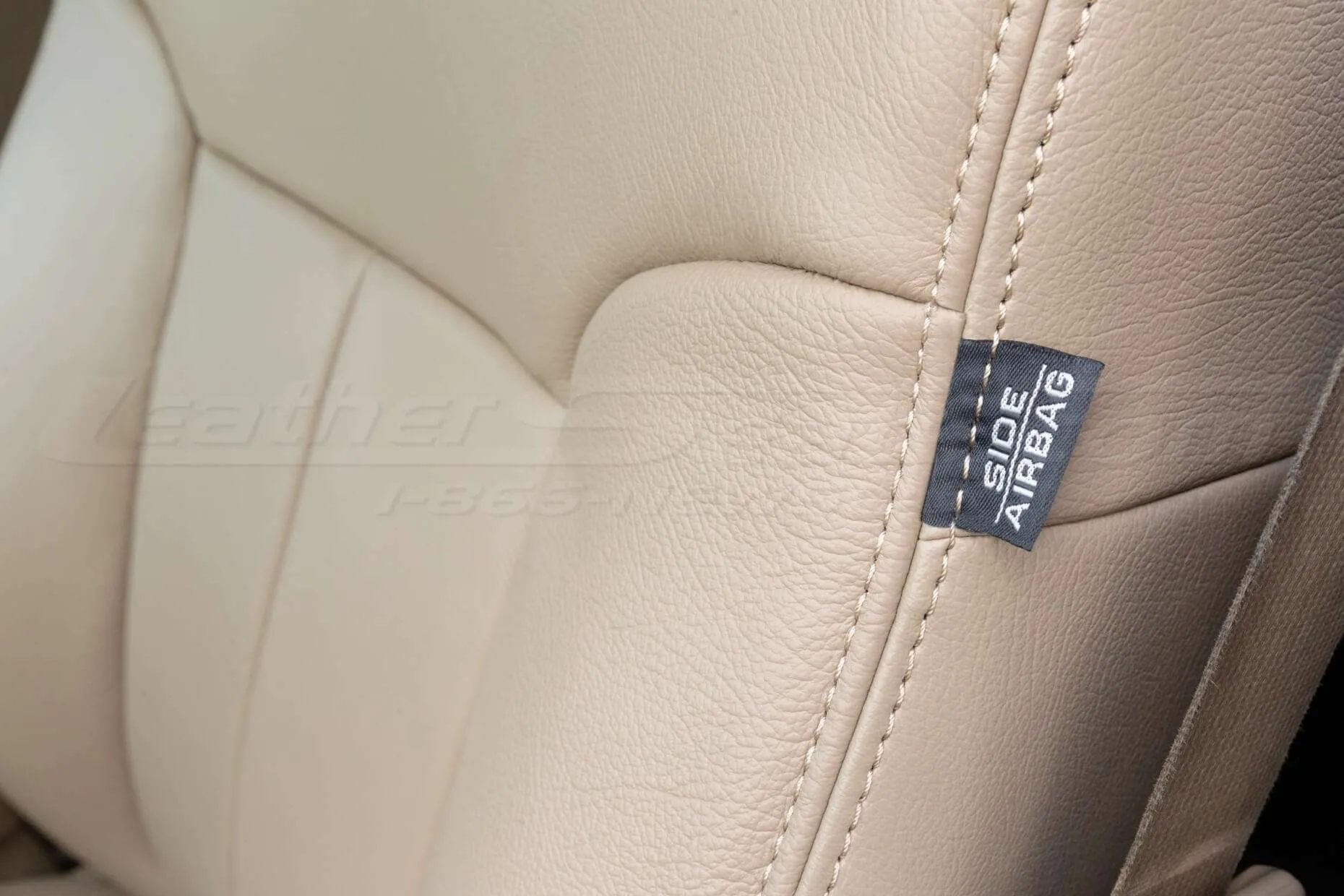 Ford F-150 Leather Upholstery Kit - Sandstone - Installed - Side airbag tag