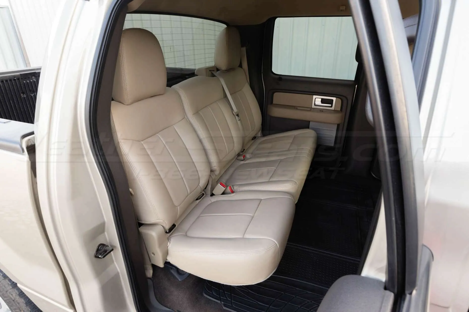 Ford F-150 Leather Upholstery Kit - Sandstone - Installed - Rear seat passenger side