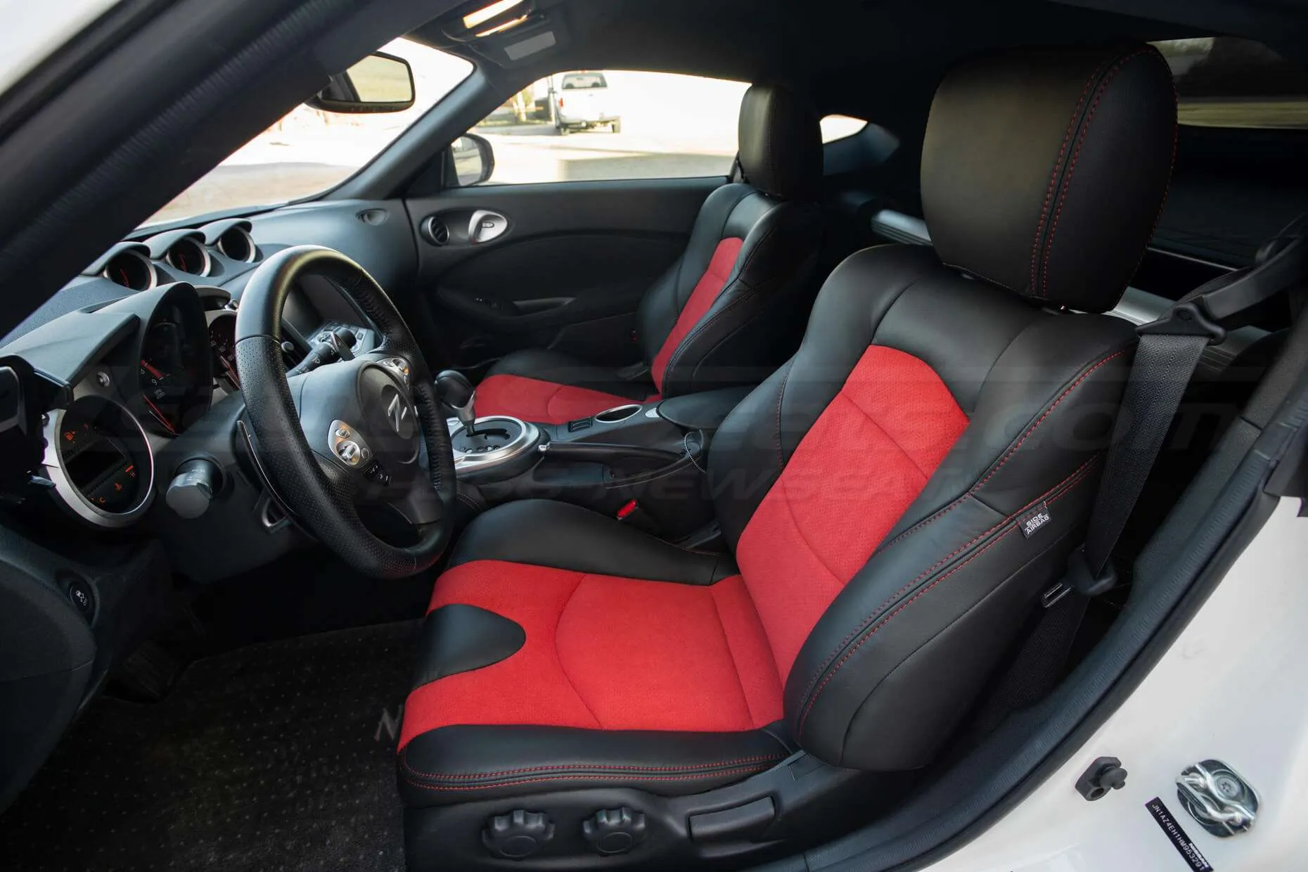 Nissan 370Z Leather Seats - Black & Red Suede - Installed - Front driver side interior