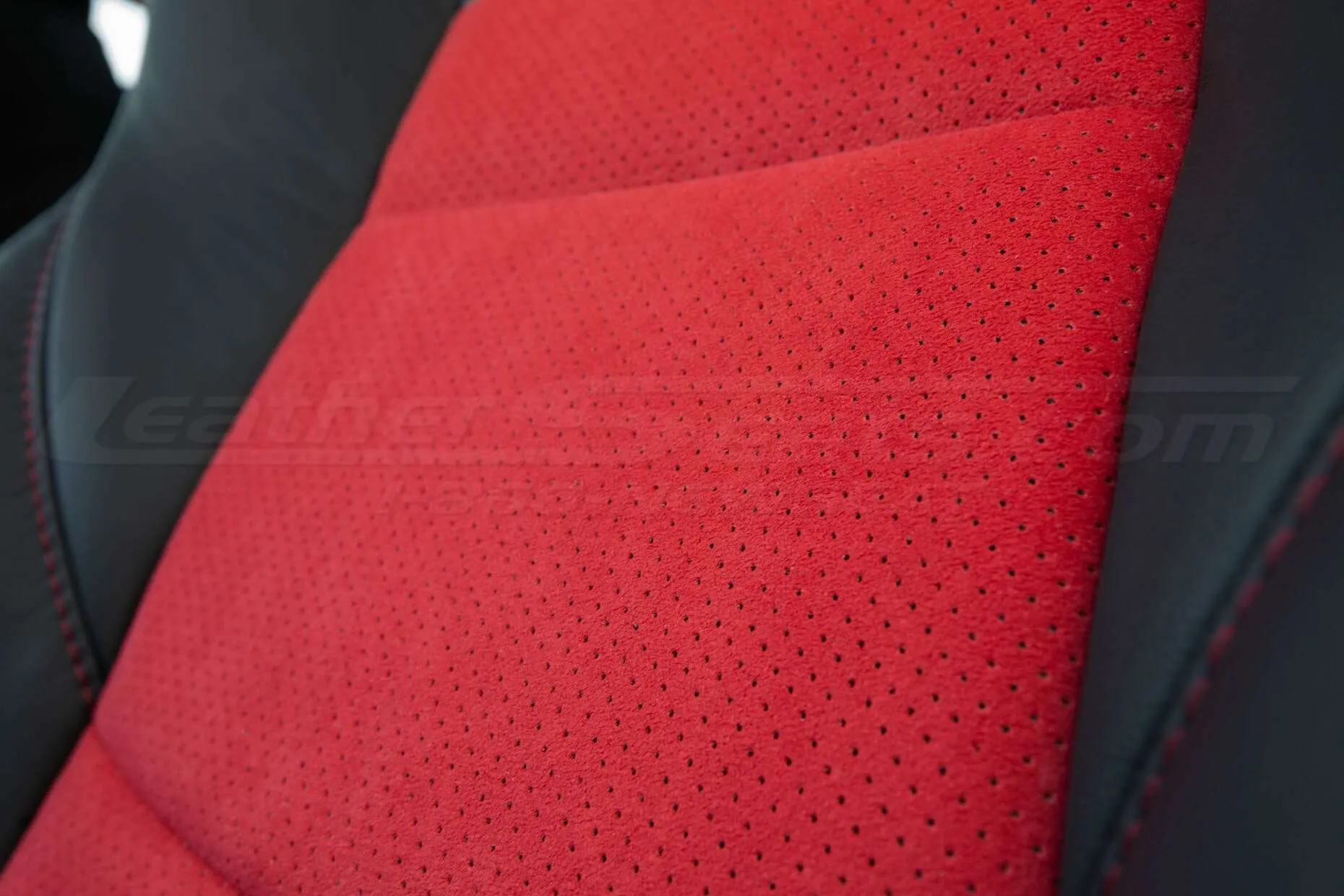 Nissan 370Z Leather Seats - Black & Red Suede - Installed - Perforated Suede