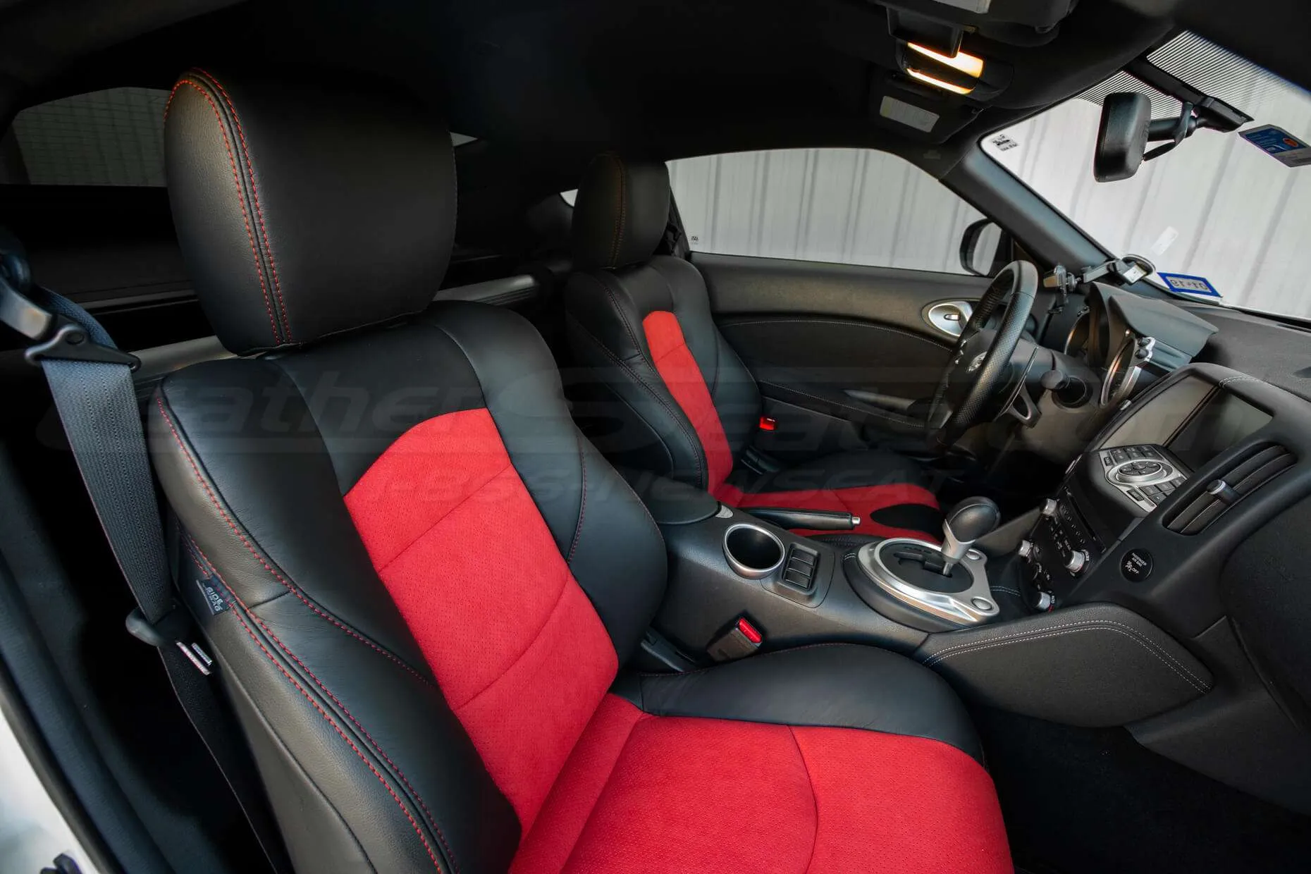 Nissan 370Z Leather Seats - Black & Red Suede - Installed - Front interior from passenger side