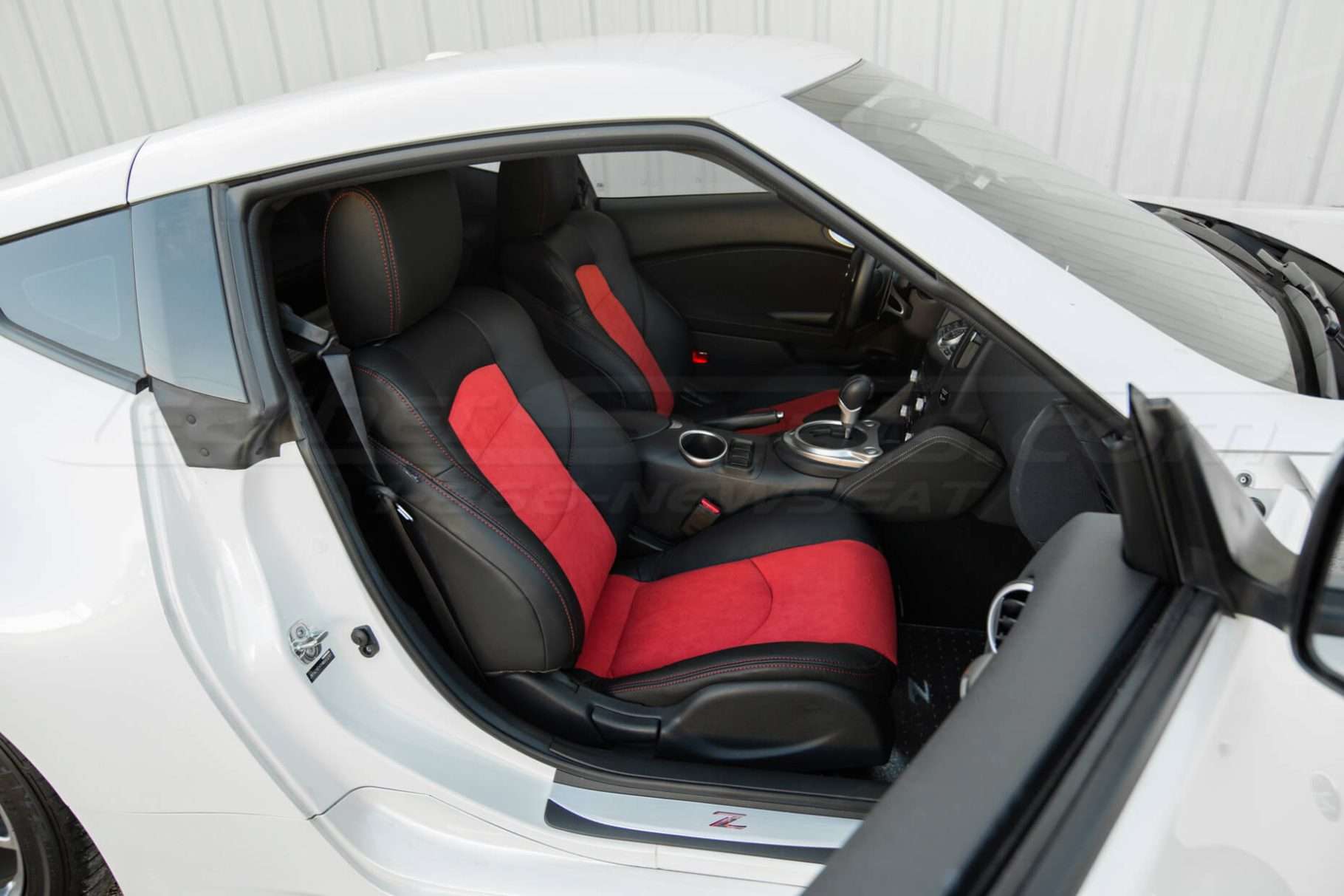 Nissan 370Z Leather Seats - Black & Red Suede - Installed - Front passenger seat wide angle