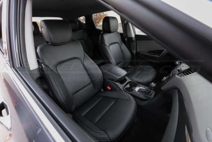 Hyundai Santa Fe Sport installed leather kit - Black - Front interior - passenger side view