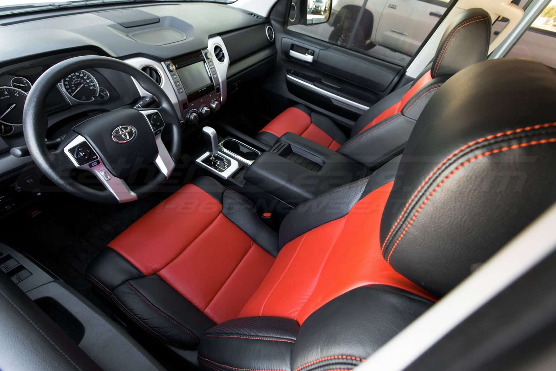 Bright red headrest stitching in Toyota Tundra