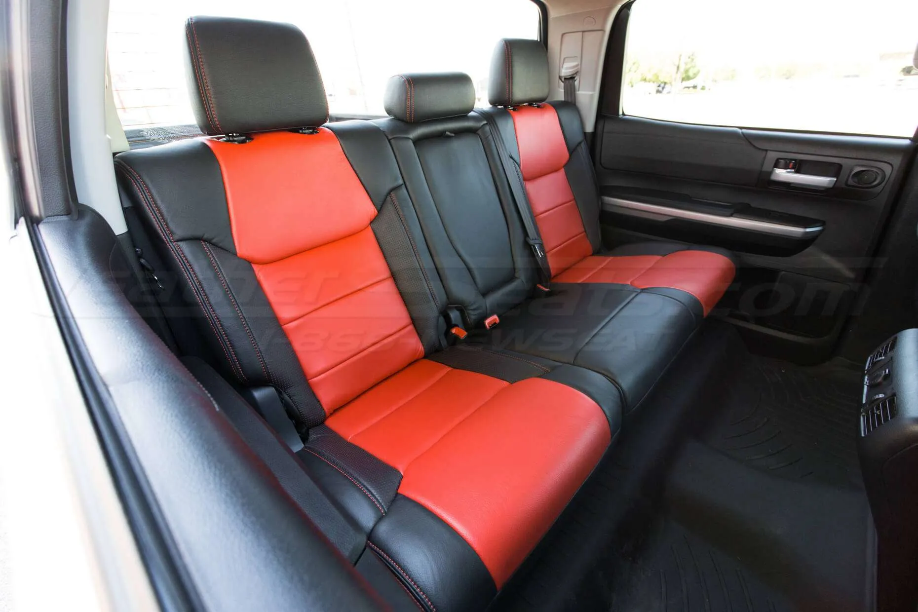 Toyota Tundra Leather Kit Installed - Black & Bright Red - Rear seats from passenger side