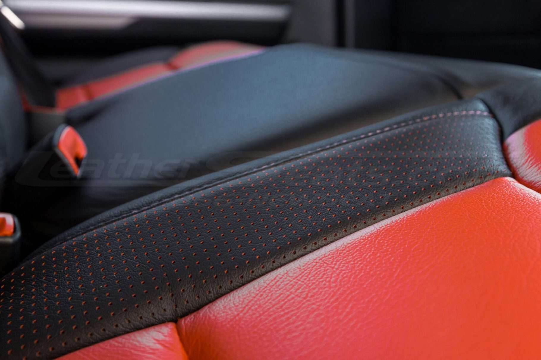Toyota Tundra Leather Kit Installed - Black & Bright Red - Seat cushion wing close-up