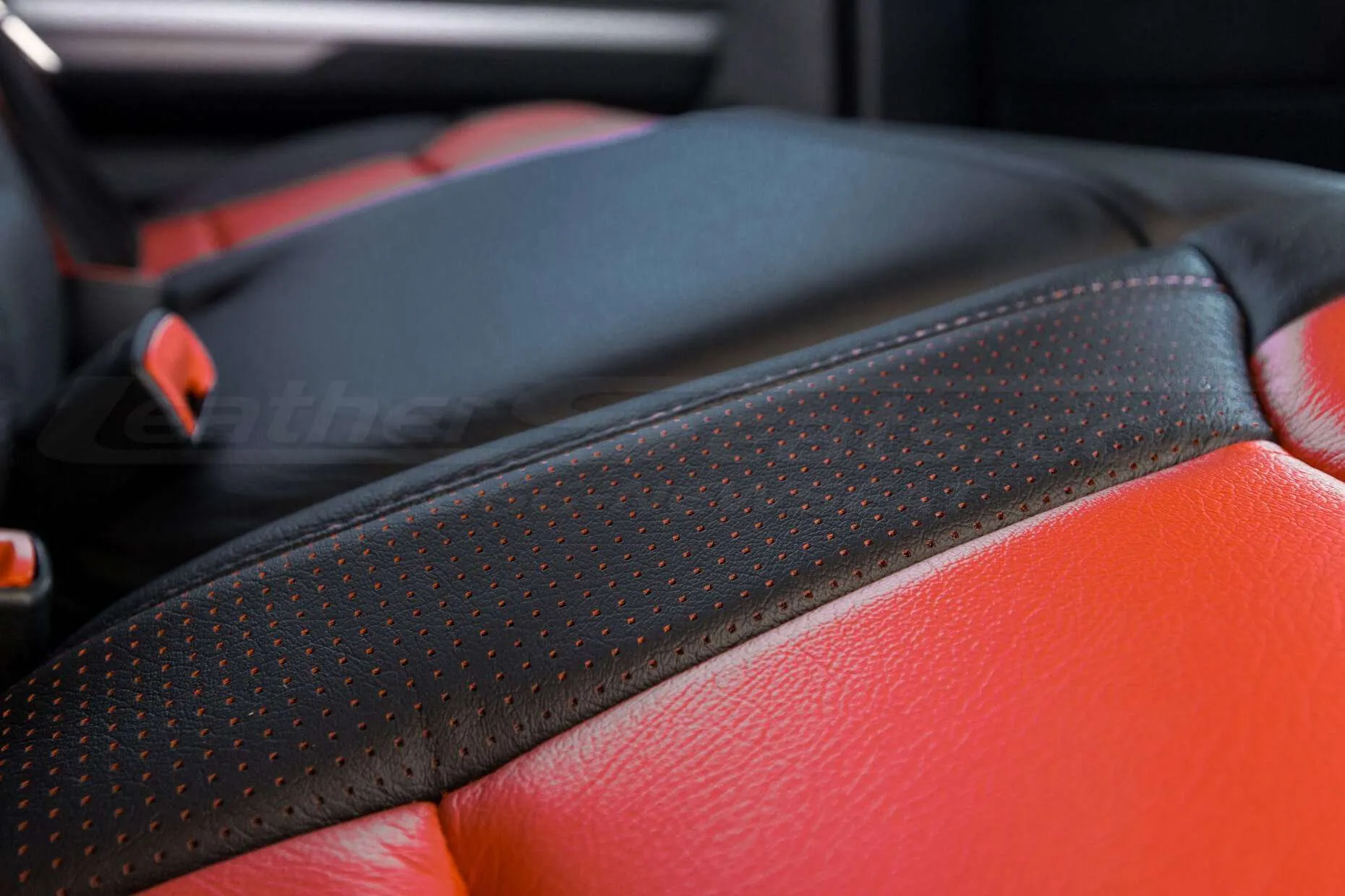 Toyota Tundra Leather Kit Installed - Black & Bright Red - Seat cushion wing close-up