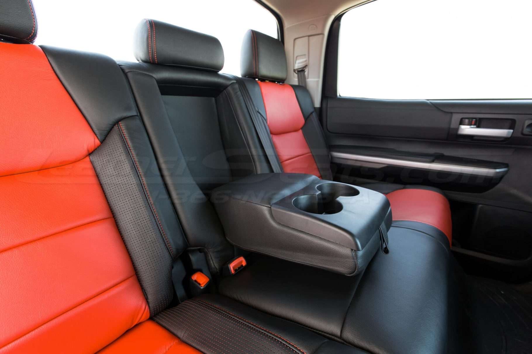 Toyota Tundra Leather Kit Installed - Black & Bright Red - Rear seat with armrest down