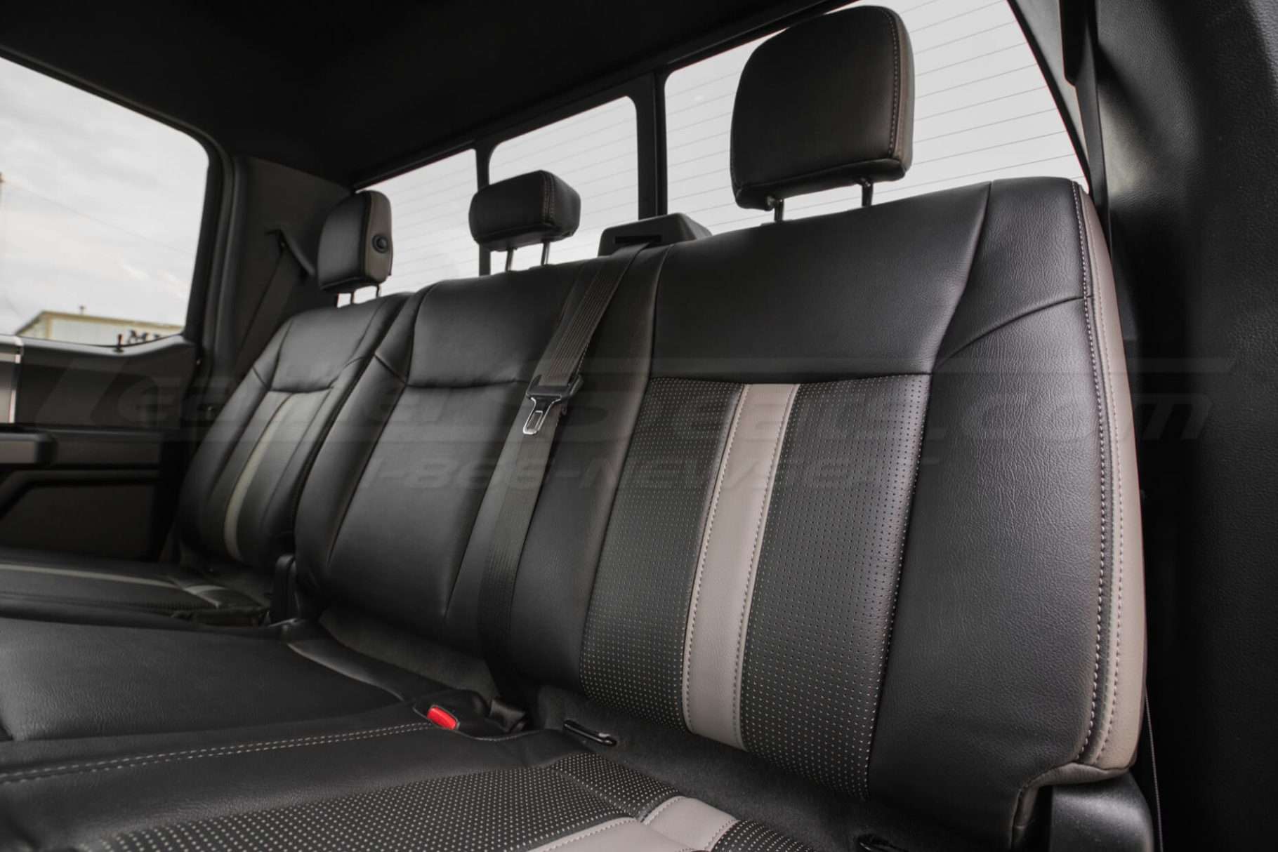 Ford F-150 installed leather kit - Black & Piazza Grey - Rear Seat insert close-up