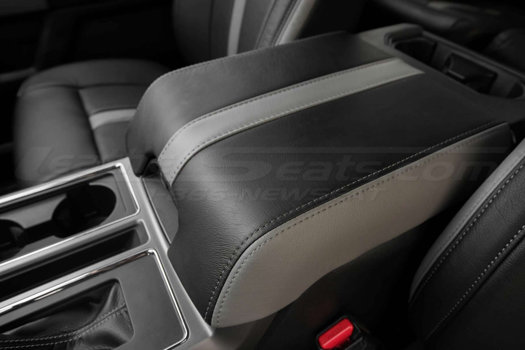 Ford F-150 installed leather kit - Black & Piazza Grey - Console lid