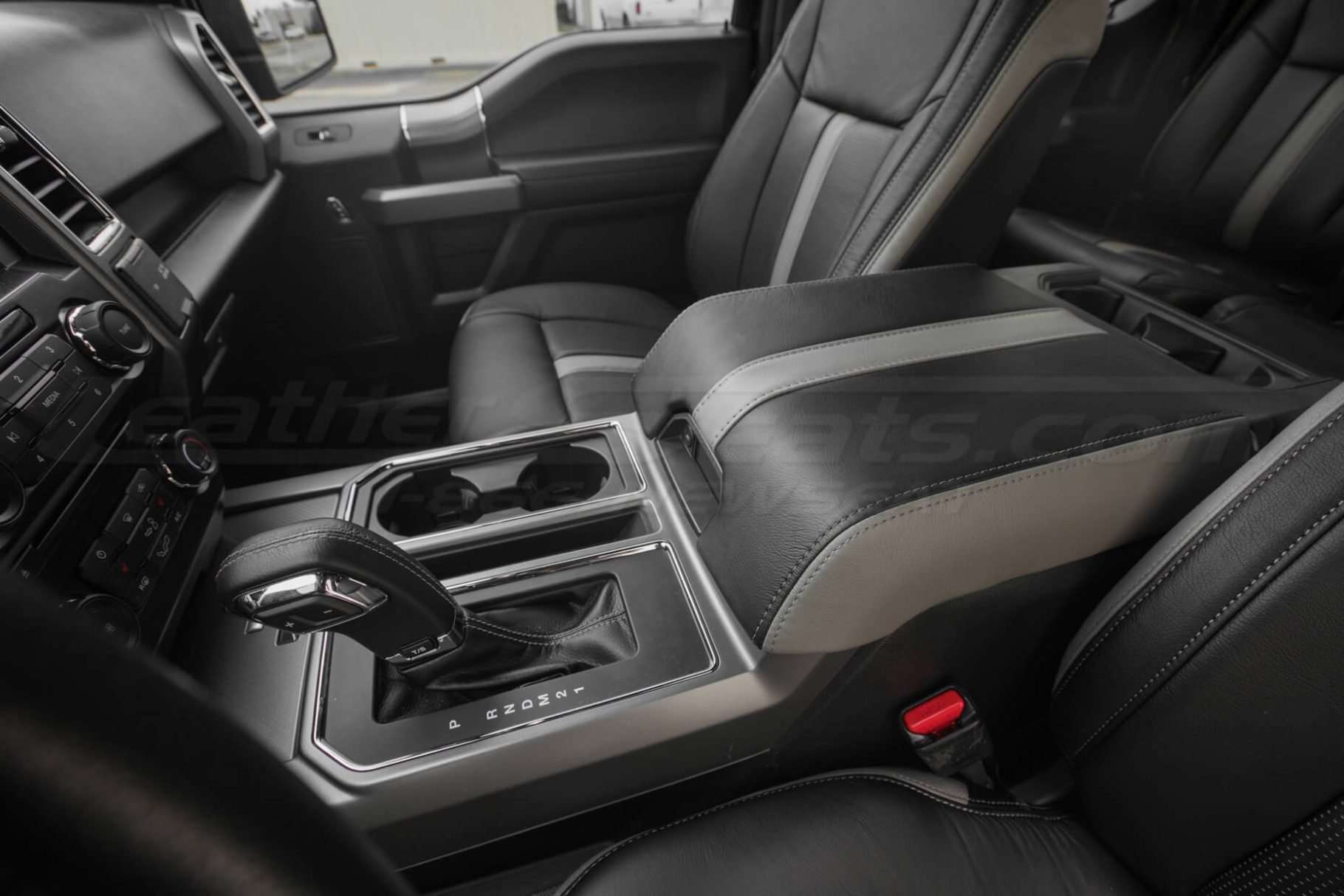 Ford F-150 installed leather kit - Black & Piazza Grey - console lid - new angle