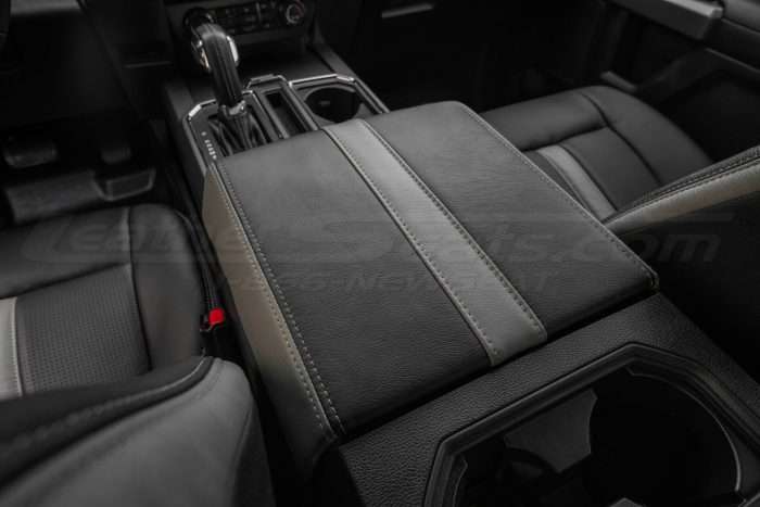 Ford F-150 installed leather kit - Black & Piazza Grey - Console lid- Back to front view