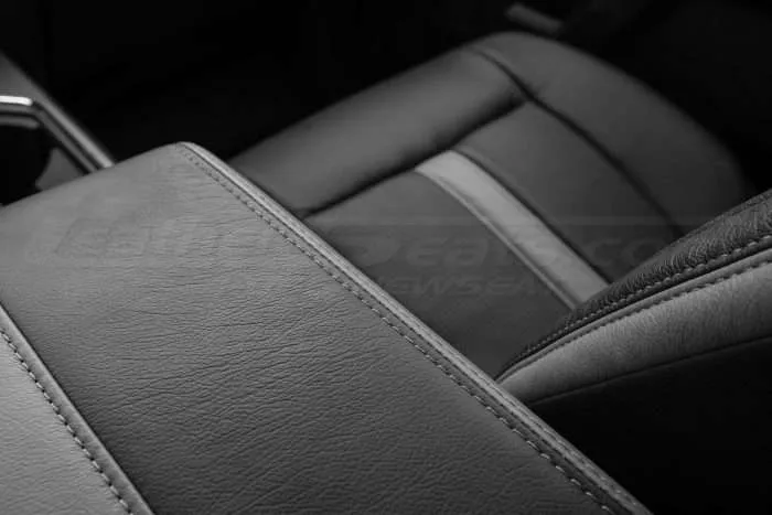 Ford F-150 installed leather kit - Black & Piazza Grey - Console Lid stitching &. Passenger seat cushion