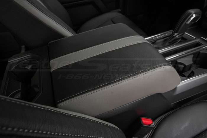 Ford F-150 installed leather kit - Black & Piazza Grey - Console lid - view from passenger side