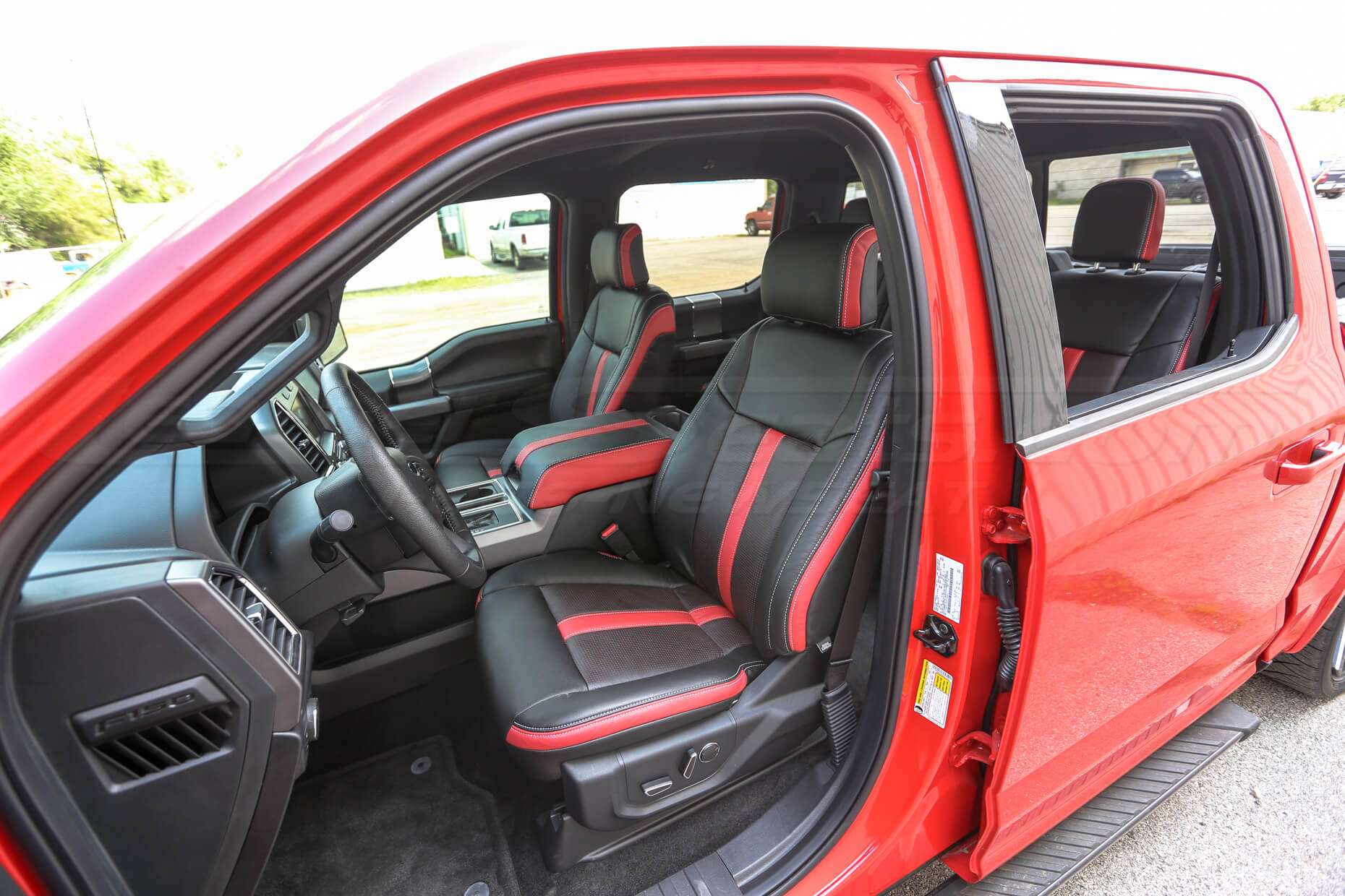Ford F150 Leather Seats - Black & Piazza Red - Driver side wide angle