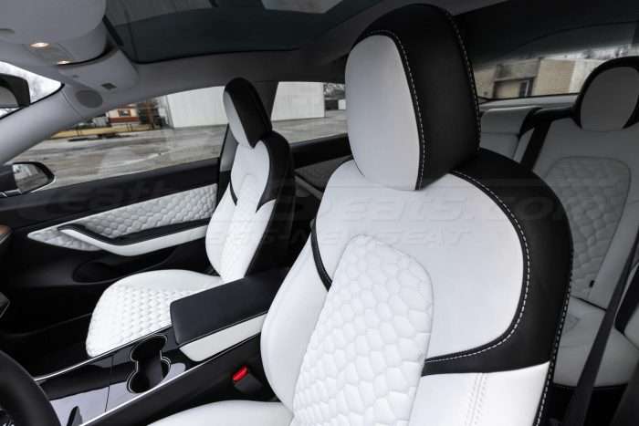 Tesla Model 3 Leather Seats - Black & Nappa White - Headrest & headrest stitching