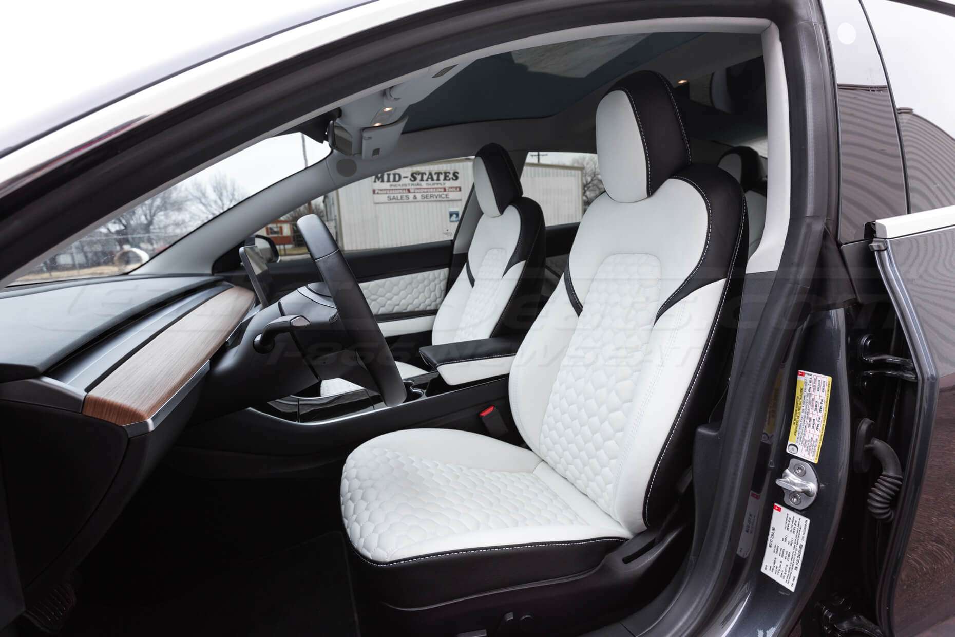 Tesla Model 3 Leather Seats - Black & Nappa White - Front interior from drivers side