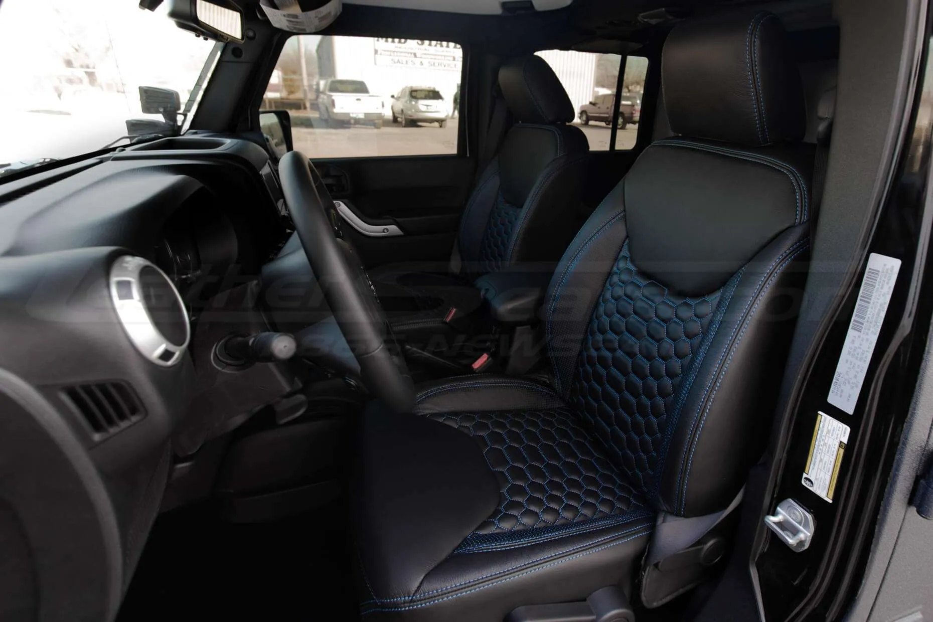 2013-2018 Jeep Wrangler Bespoked Leather Seats Installed- Black & Cobalt - Front interior from drivers side