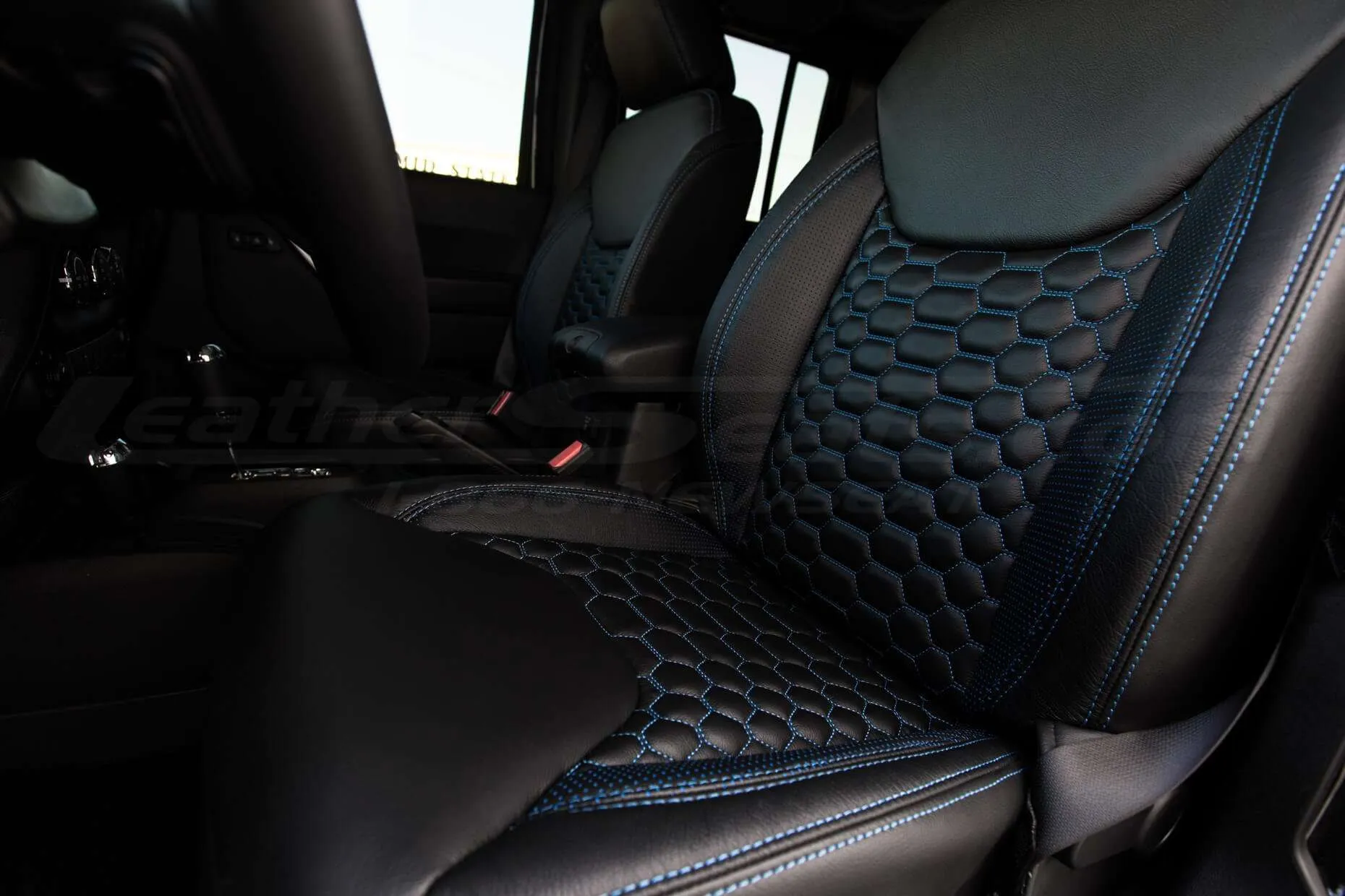2013-2018 Jeep Wrangler Bespoked Leather Seats Installed- Black & Cobalt - Reticulated Hex insert