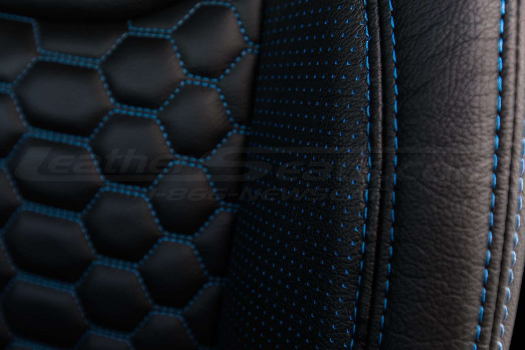 2013-2018 Jeep Wrangler Bespoked Leather Seats Installed- Black & Cobalt - Piazza blue wings and reticulated hex insert
