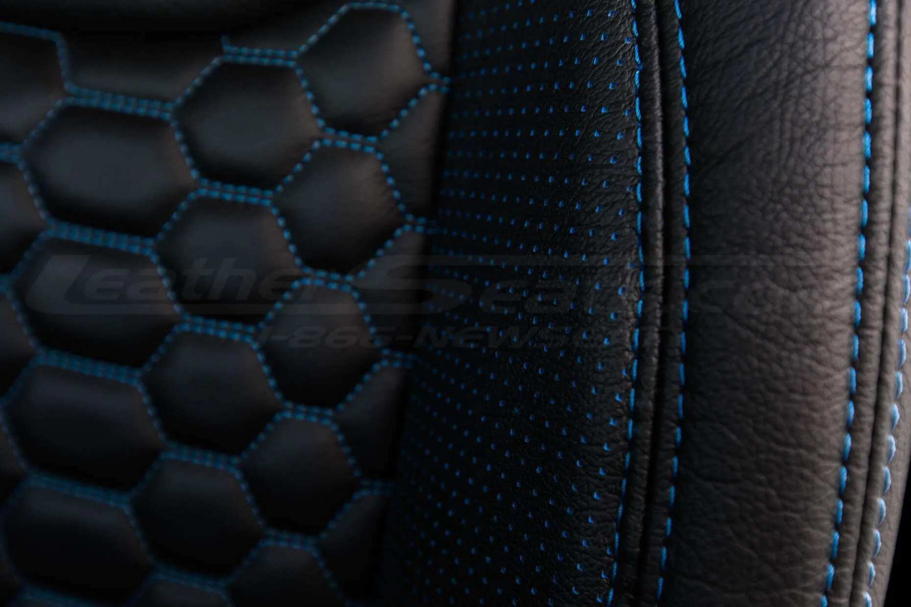 2013-2018 Jeep Wrangler Bespoked Leather Seats Installed- Black & Cobalt - Piazza blue wings and reticulated hex insert